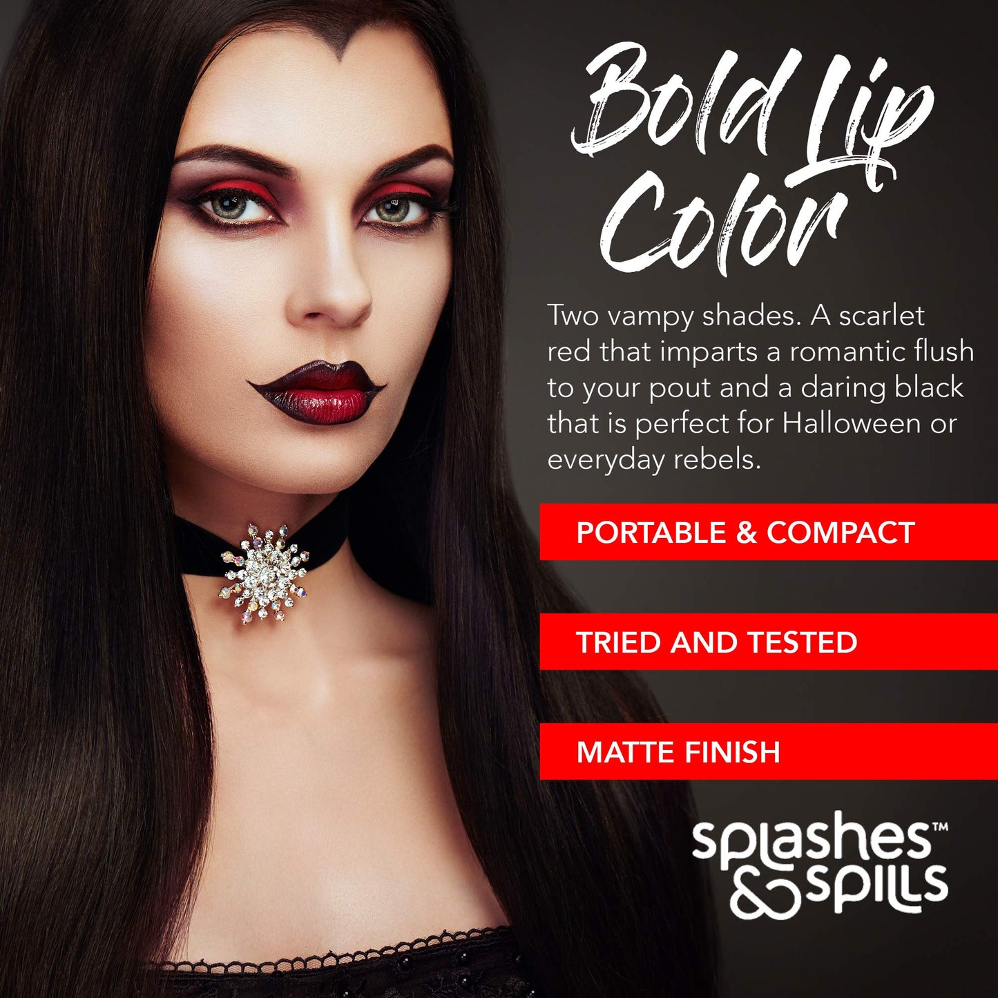 Vivid Black and Red Lipstick - 2 Pack Combo - Bold, Translucent, No Sheen Lip Color With Matte Finish - Makeup and Cosmetics by Splashes & Spills Beauty & Personal Care splashes & spills