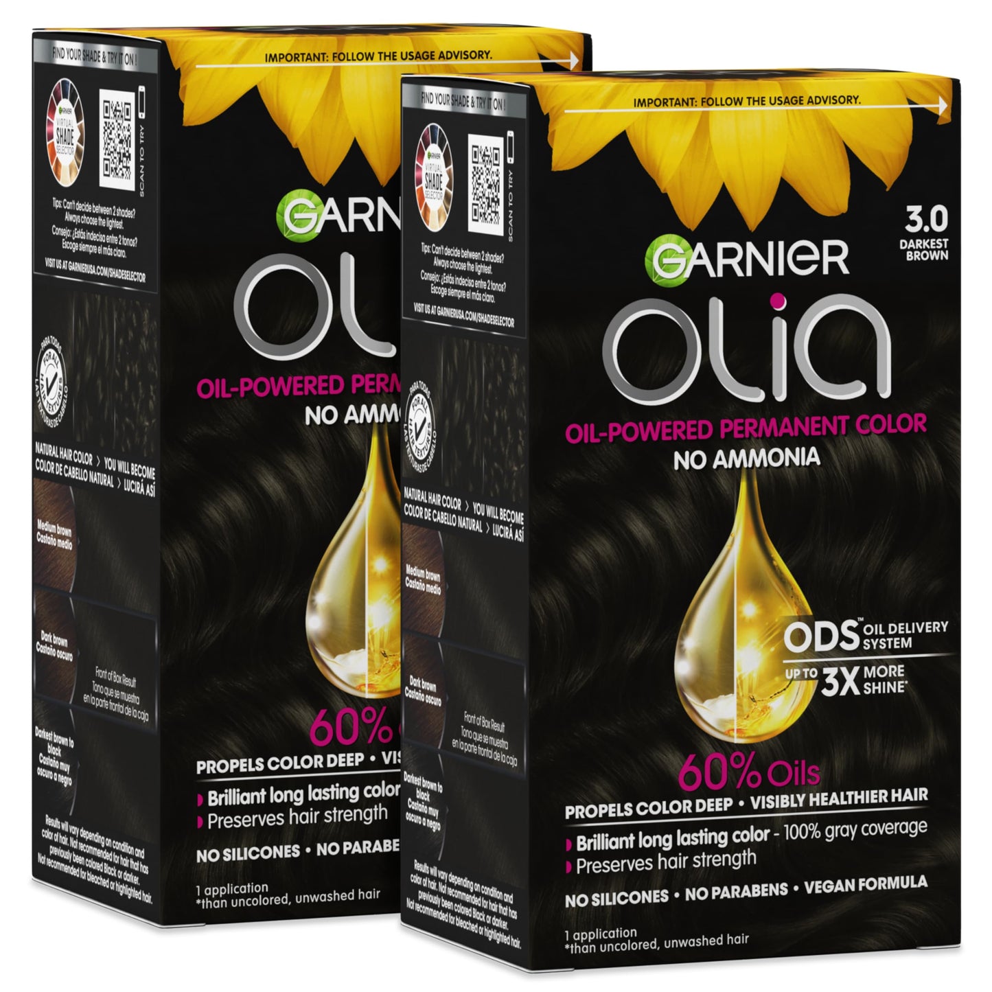 Garnier Olia Hair Color, Ammonia-Free Permanent Hair Dye, Oil-Powered Formula for 100% Gray Coverage and 3x Shinier Hair, Vegan & Cruelty Free, 3.0 Beauty & Personal Care Garnier