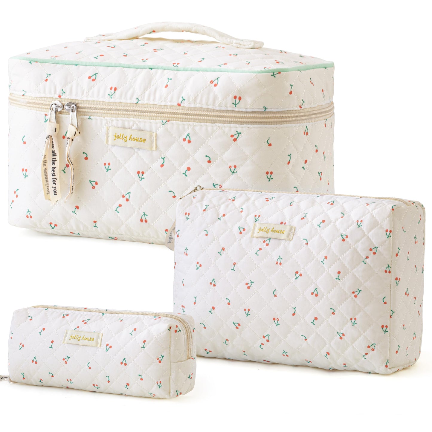 HBselect 2Pcs Quilted Makeup Bag Cute Makeup Bag Organizer Travel Cosmetic Bag Aesthetic Coquette Cotton Floral Make up Bag Toiletry Bags for Women Beauty and Personal Care HBselect Default Title