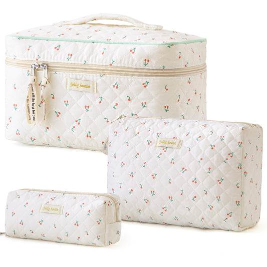 HBselect 2Pcs Quilted Makeup Bag Cute Makeup Bag Organizer Travel Cosmetic Bag Aesthetic Coquette Cotton Floral Make up Bag Toiletry Bags for Women Beauty and Personal Care HBselect Default Title