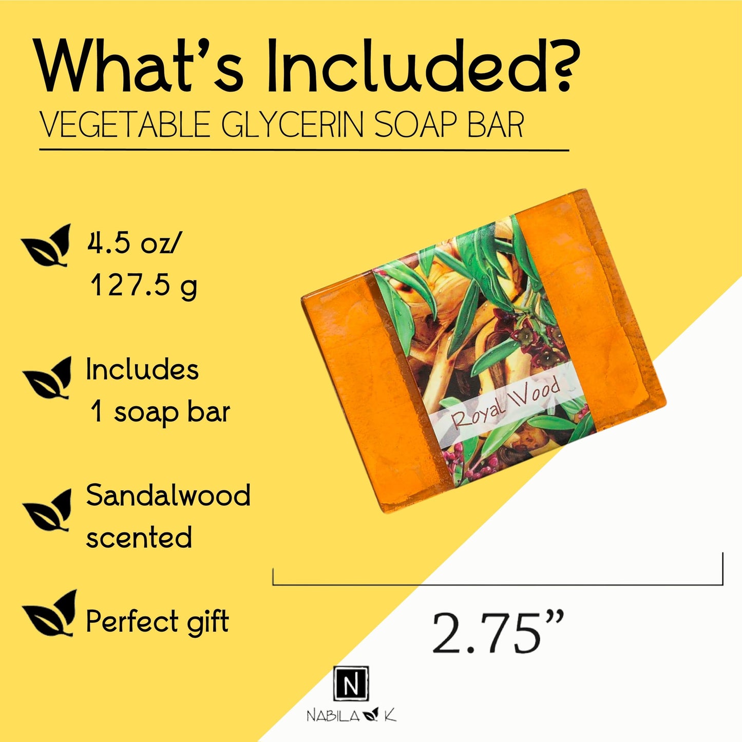Nabila K Royal Wood Glycerin Bar Soap | Sandalwood Scent | Natural, Vegan, Hypoallergenic | 100% Vegetable Glycerin, Sulfate-Free, Paraben-Free | 4.5 Beauty & Personal Care Nabila K