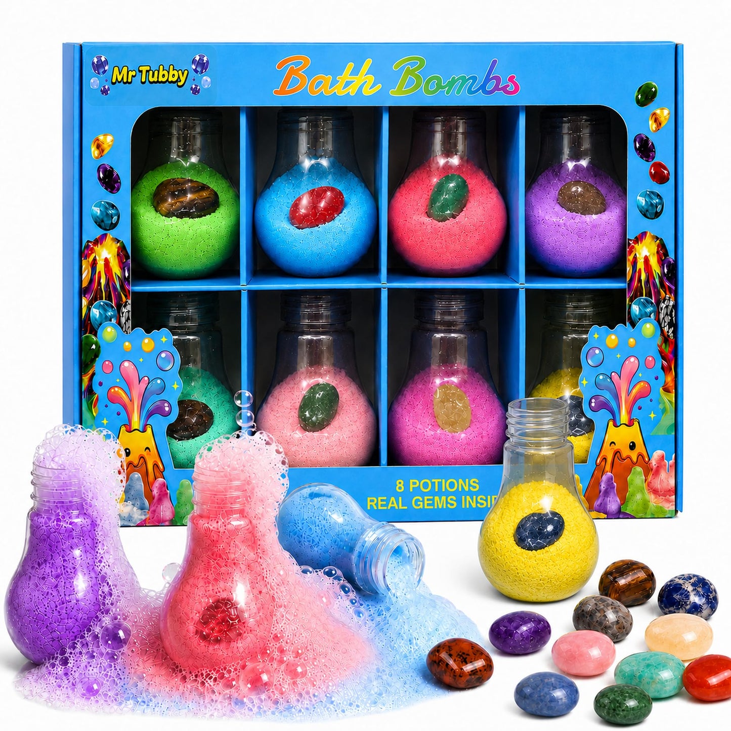 Mr Tubby Bath Bombs for Kids, 8 Potion Bottle Bath Bombs with Random Real Gem Surprises, Fizz & Foam Bath Toy Set, Gift-Ready Bath Bombs for Boys Beauty and Personal Care Mr Tubby
