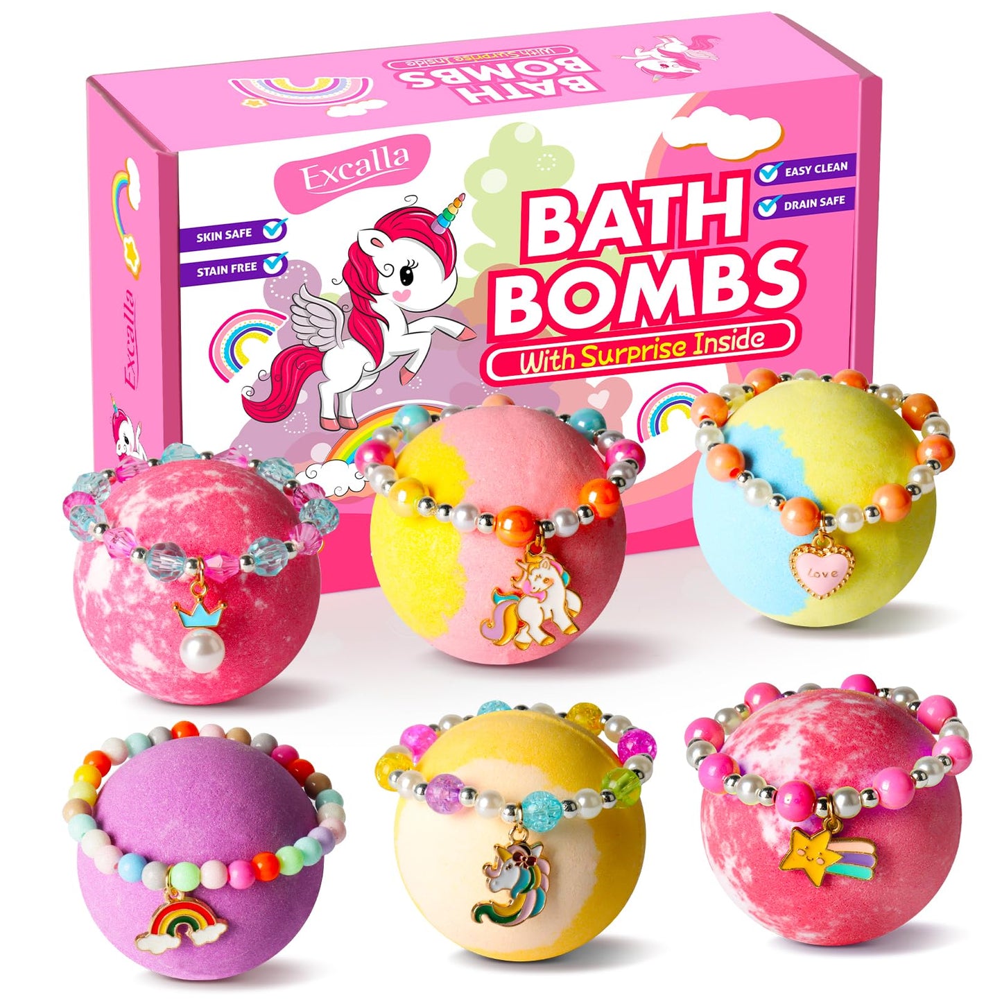 Unicorn Bath Bombs with Surprise Inside for Kids Girls, 6 Kids Bath Bombs with Jewelry Inside, Natural Bubble Bath Set for Skin Moisturizing, Birthday Beauty and Personal Care Excalla