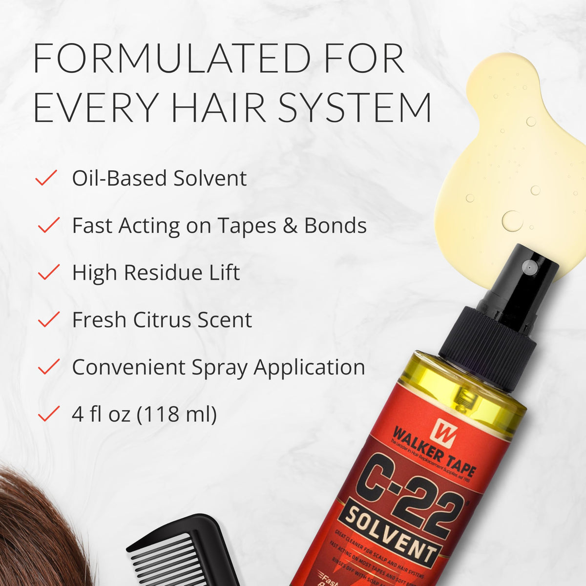 Walker Tape C-22 Solvent Spray 4 oz, Fast-Acting Adhesive Remover for Wig Tape, Lace Systems, and Tape in Hair Extensions Human Hair, Gentle Bond