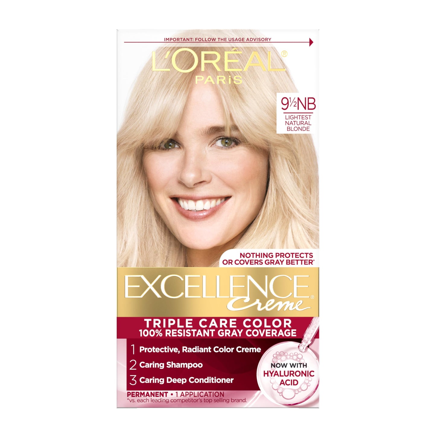 L'Oreal Paris Excellence Crème Permanent Hair Dye, Triple Care Hair Color with Hyaluronic Acid for 100% Gray Coverage, 9.5NB Lightest Natural Blonde Beauty & Personal Care L'Oreal Paris