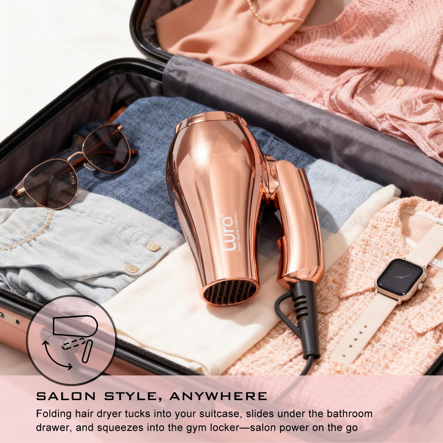 LURA Mini Portable Travel Hair Dryer:Dual Voltage Small Lightweight Blow Dryer with EU Plug,1200W Compact Hairdryer with Folding Handle,with Beauty & Personal Care LURA
