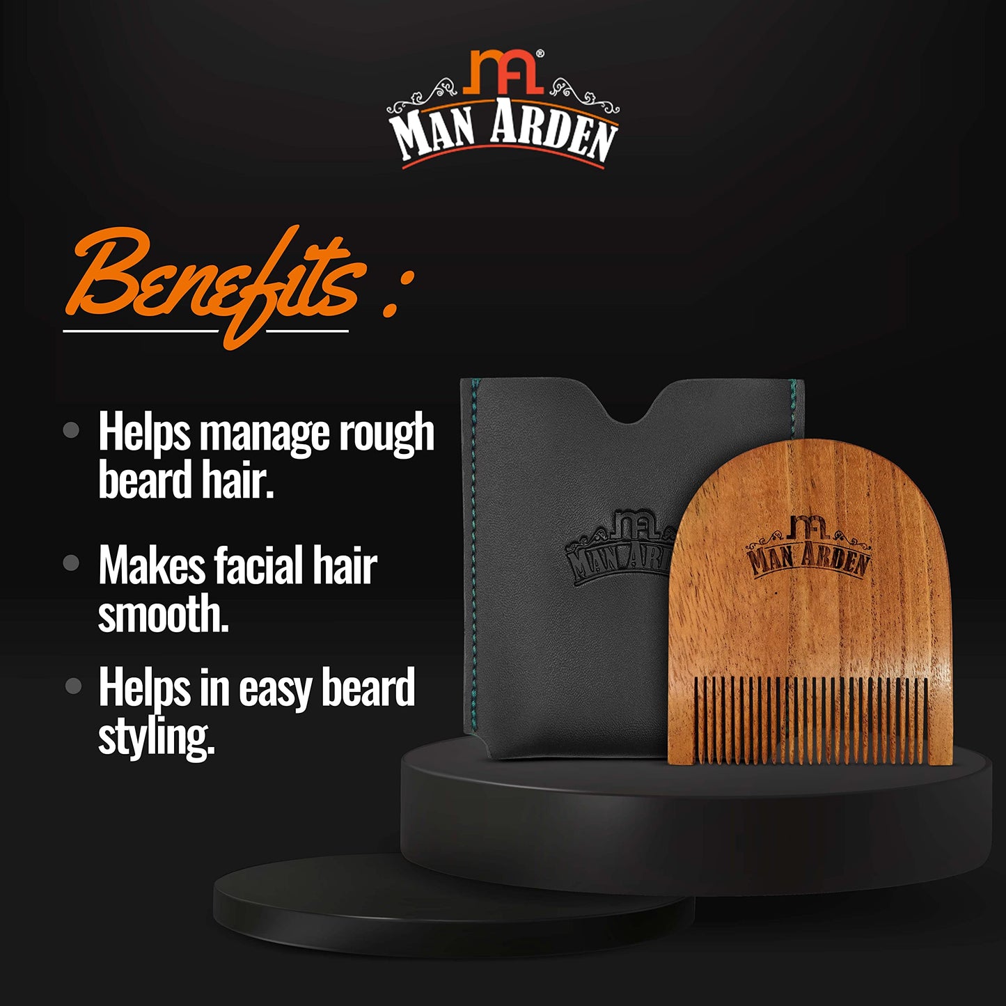 Man Arden Pure Neem Wooden U Shaped Beard Comb with Premium Faux Leather Pouch Beauty and Personal Care Man Arden