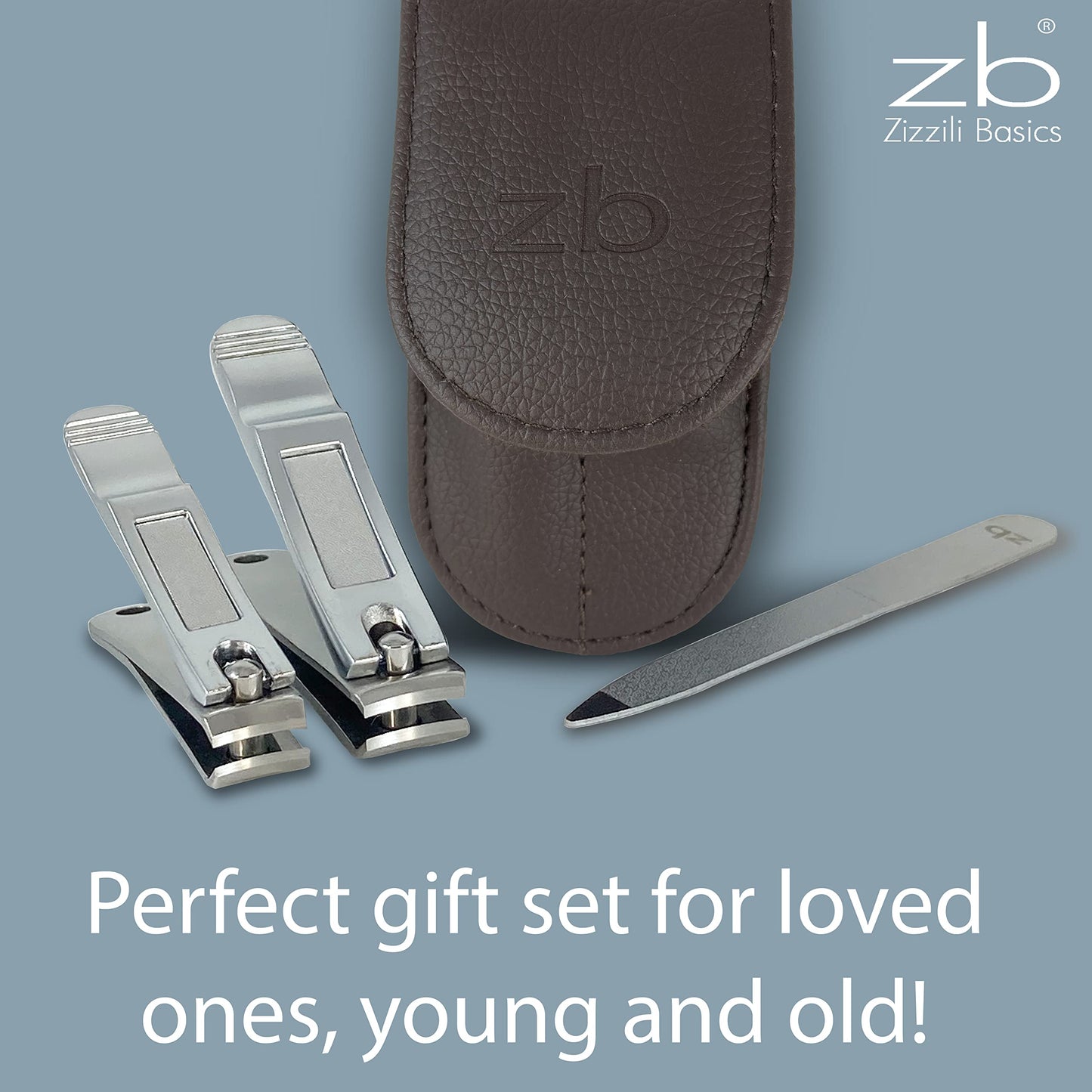 Nail Clippers by Zizzili Basics - 3 Piece Nail Clipper Set - Stainless Steel Fingernail & Toenail Clippers with Nail File and Brown Travel Case - Best Beauty & Personal Care Zizzili Basics