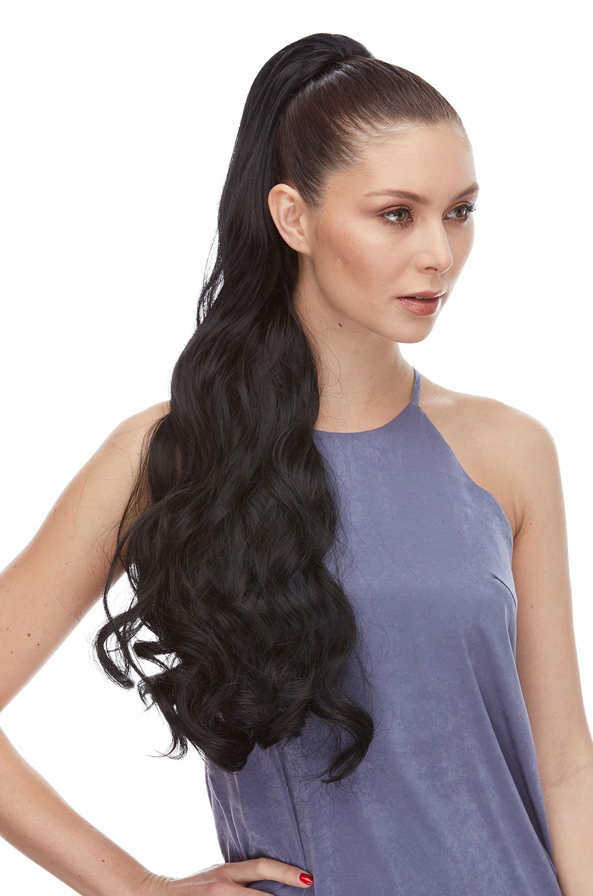 True Ponytail Color 2 Darkest Brown - Sepia Wigs 24" Long Layered Wavy Heat Friendly Synthetic African American Pony Drawstring Hair Piece Ariana Cola