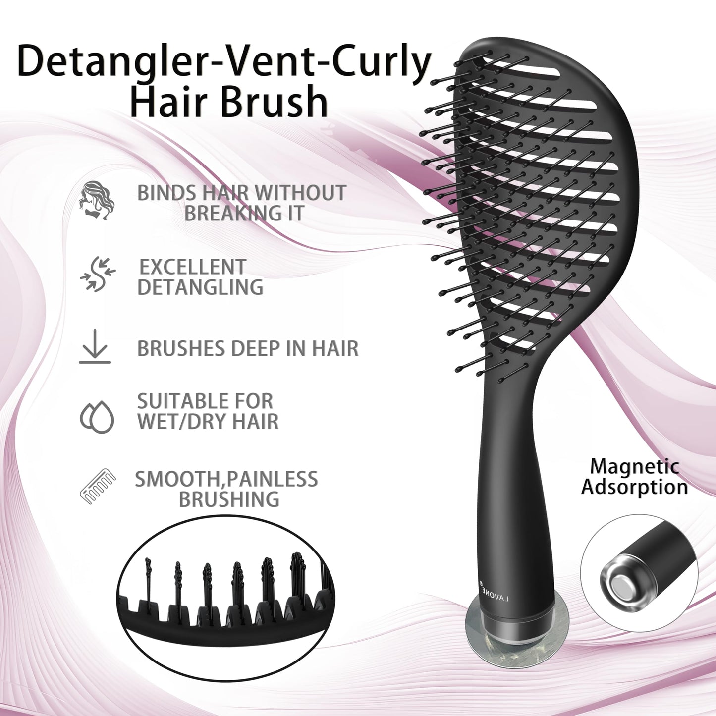 Curved Vented Hairbrush Faster Blow Drying - Detangling Brush with Built in Cleaner, Magnetic Holder and Hair Clips for Women, Men & Kids - Black Beauty & Personal Care LAVONE