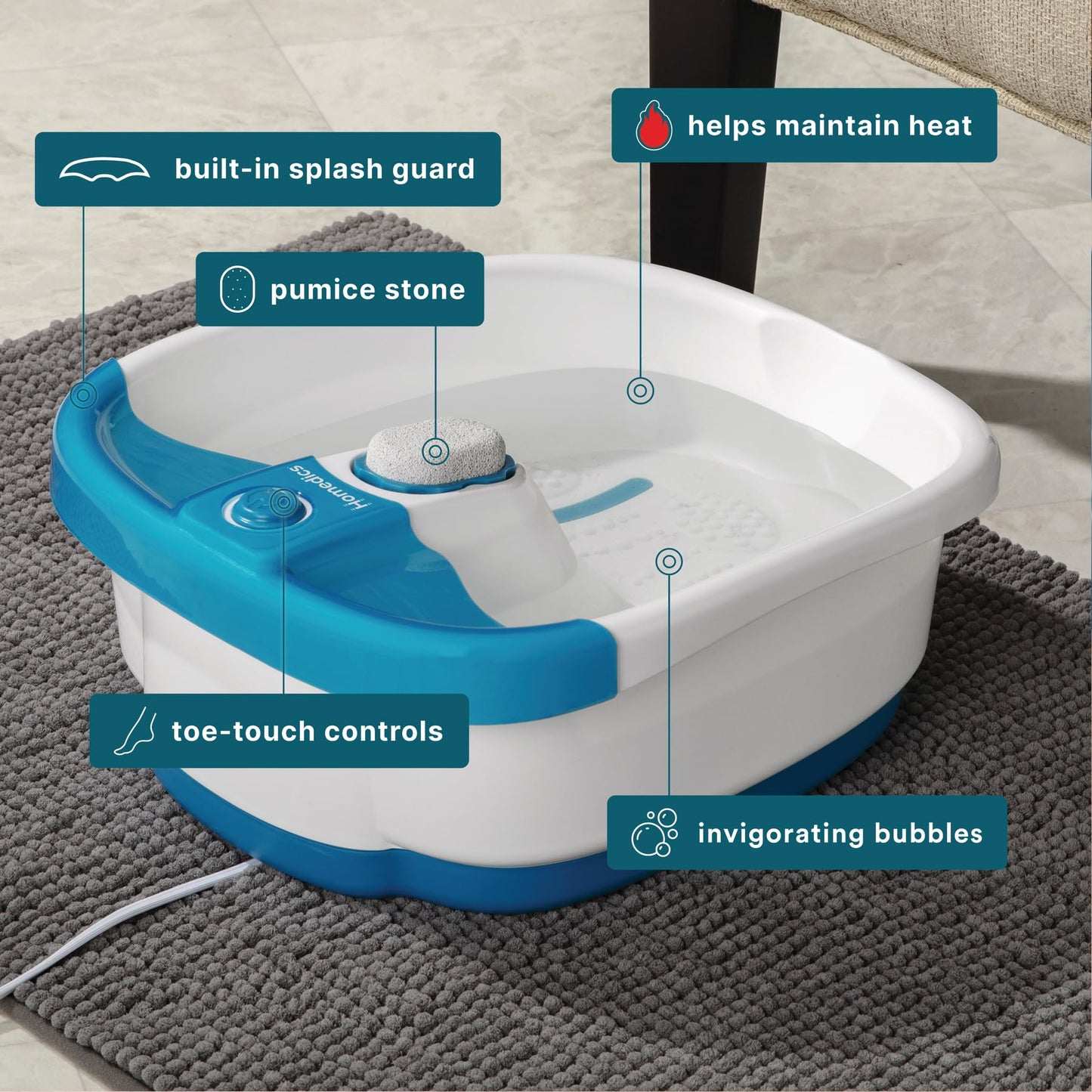 Homedics Bubble Mate Foot Spa, Toe Touch Controlled Foot Bath with Invigorating Bubbles and Splash Proof, Raised Massage Nodes and Removable Pumice Beauty and Personal Care Homedics