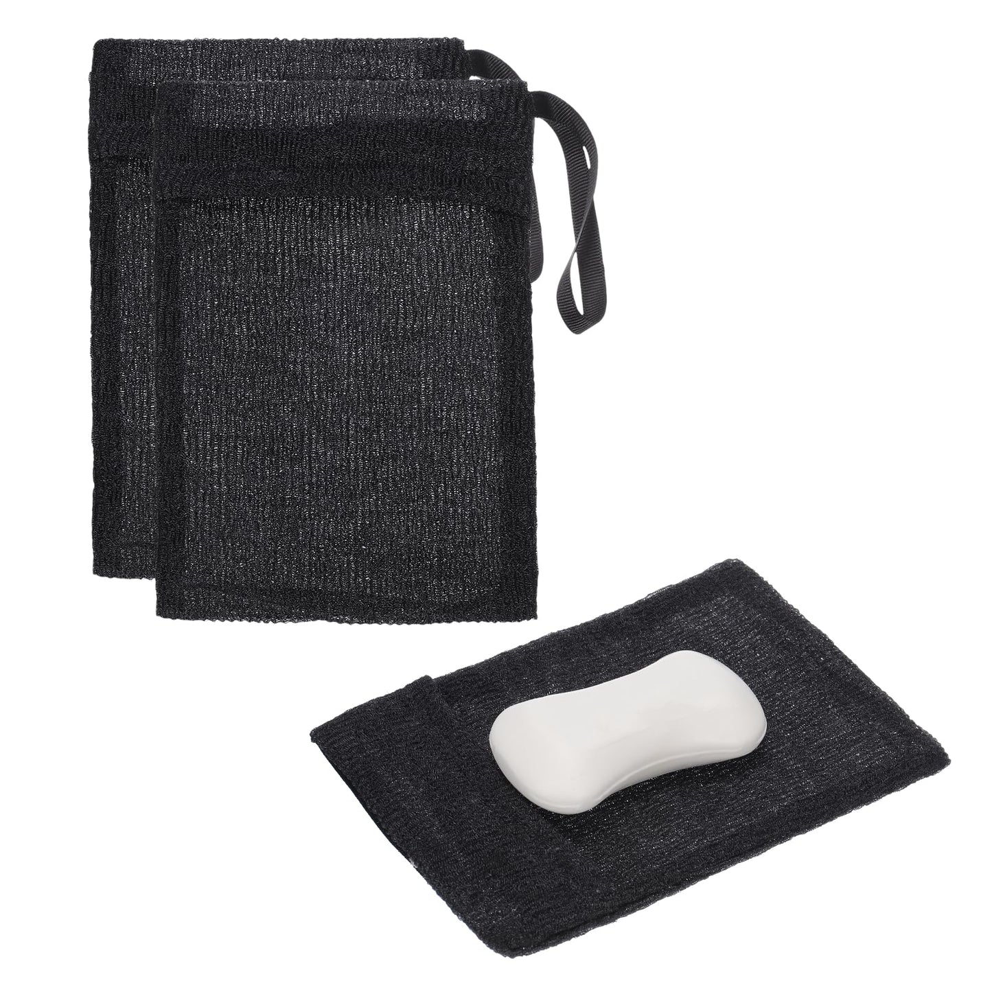 uxcell Loofah Soap Pouch, 2 Pcs Bar Soap Saver Bag with Black Handle Nylon Body Scrubber Pouch Exfoliating Net for Body Shower Foaming Travel Camping Beauty and Personal Care uxcell