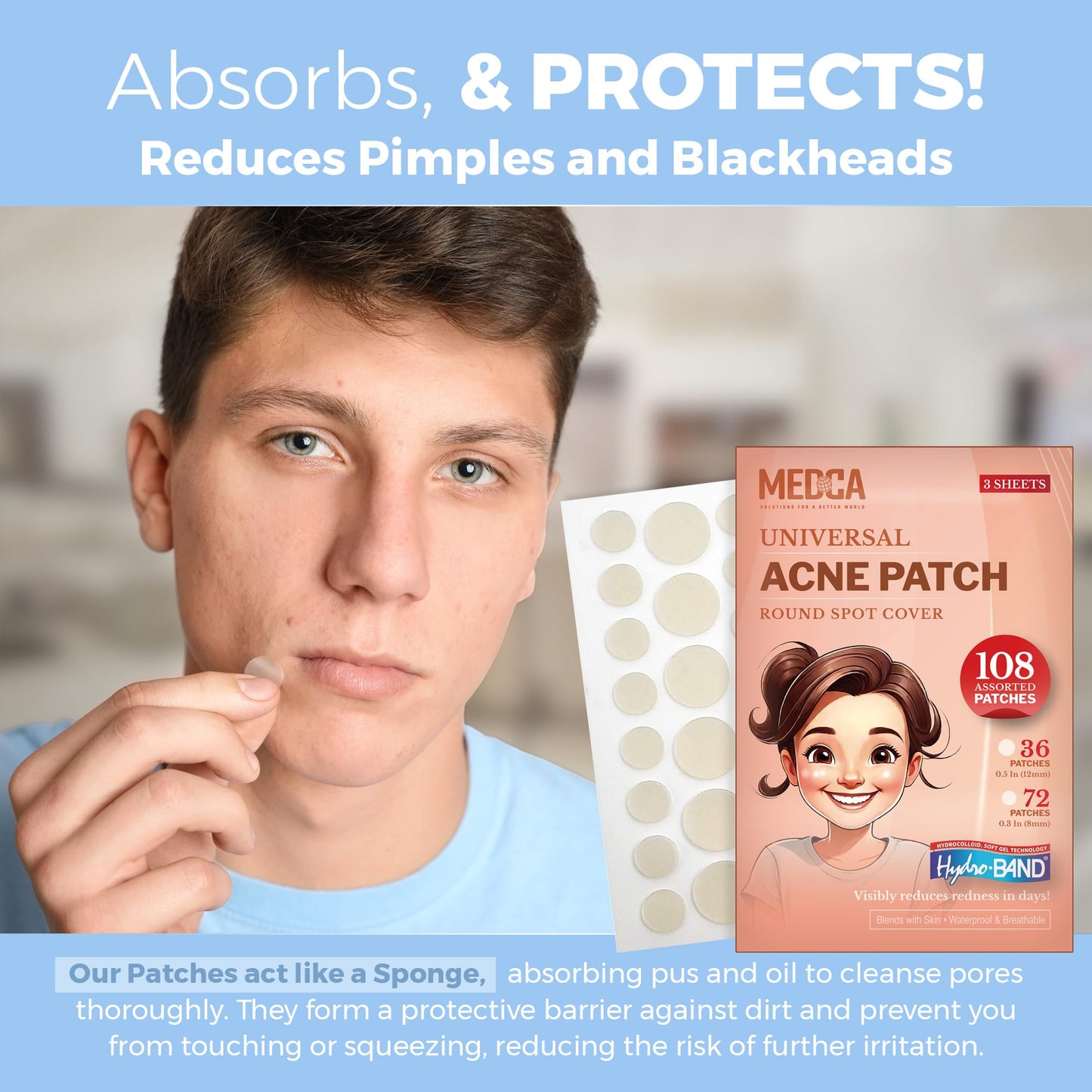Acne Patches for Face - Hydrocolloid Bandages (108 Count) Pimple Patches for Face in 2 Universal Sizes, Acne Spot Treatment Care for Face & Skin Spot Beauty & Personal Care MEDca