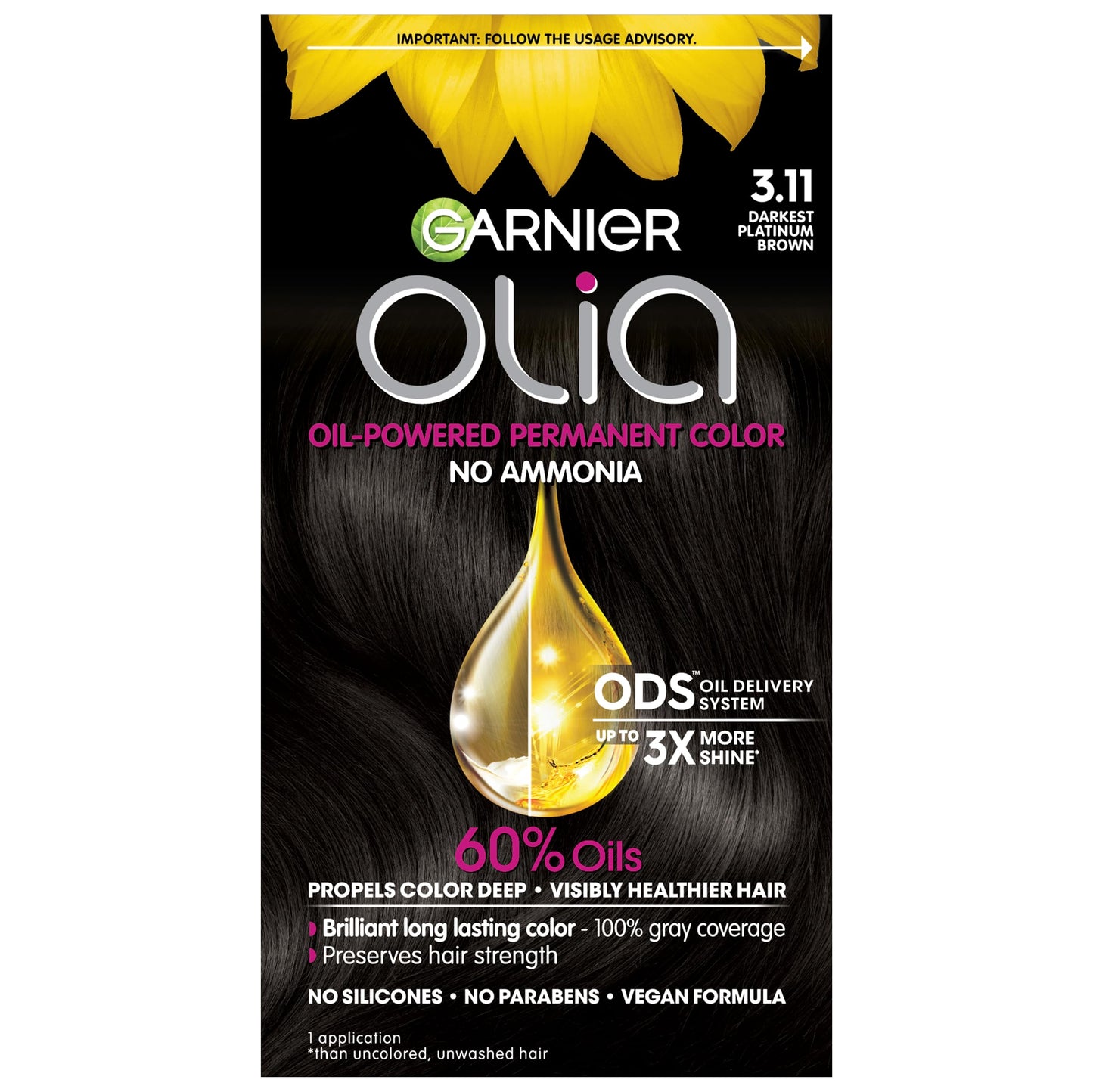 Garnier Hair Color Olia Ammonia-Free Brilliant Color Oil-Rich Permanent Hair Dye, 3.11 Darkest Platinum Brown, 1 Count (Packaging May Vary) Beauty & Personal Care Garnier