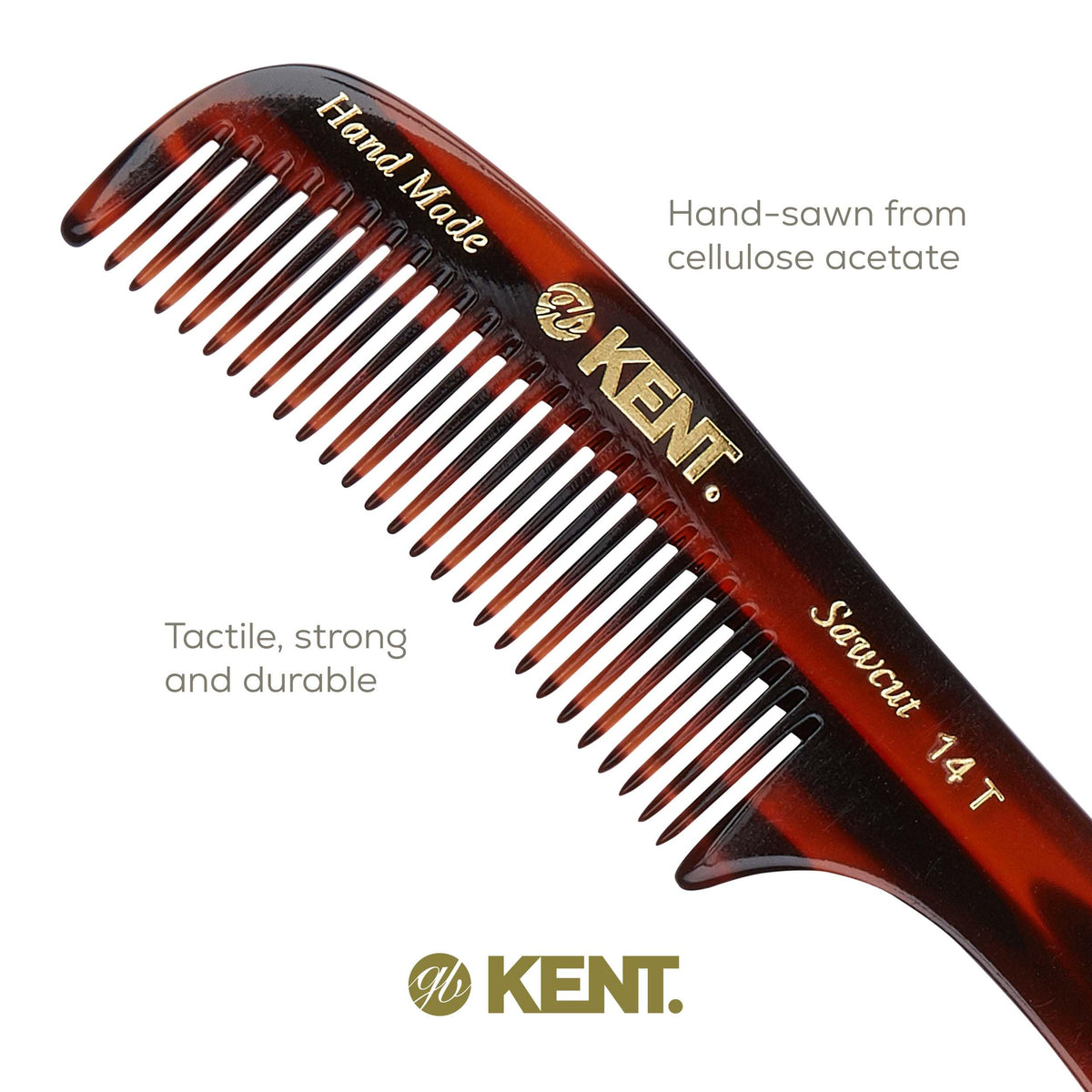 Kent 14T Tortoise Large Detangling Comb, Wide Teeth for Long Thick Curly Wavy Hair. Hair Detangler Comb For Wet and Dry. Saw-Cut from Cellulose and