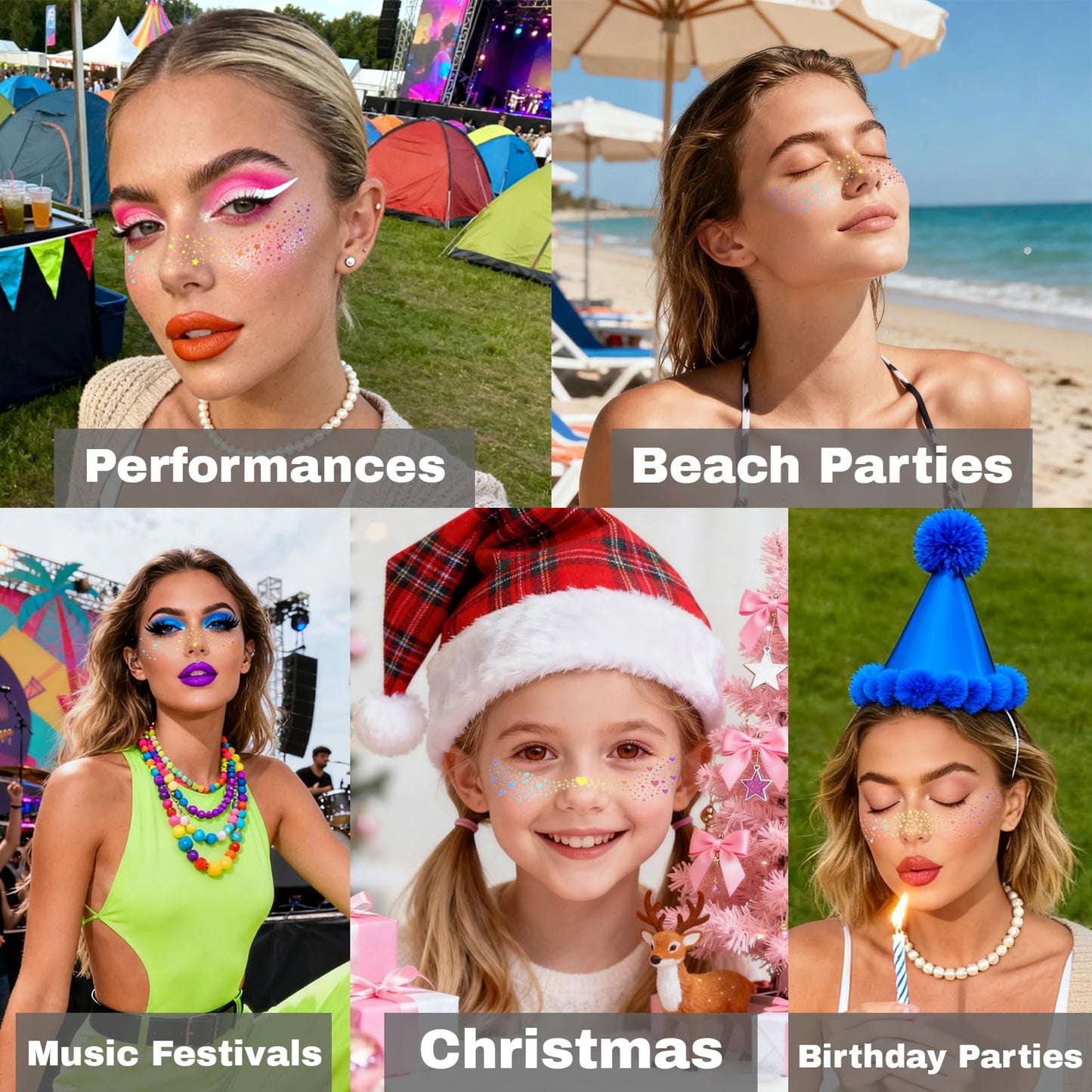 Glitter Freckles, Holographic Face and Body Glitter Tattoo Sparkle for Women Gold Glow Cosmetic Star Makeup Accessories for Festival Rave (12pcs Beauty & Personal Care Anmubag