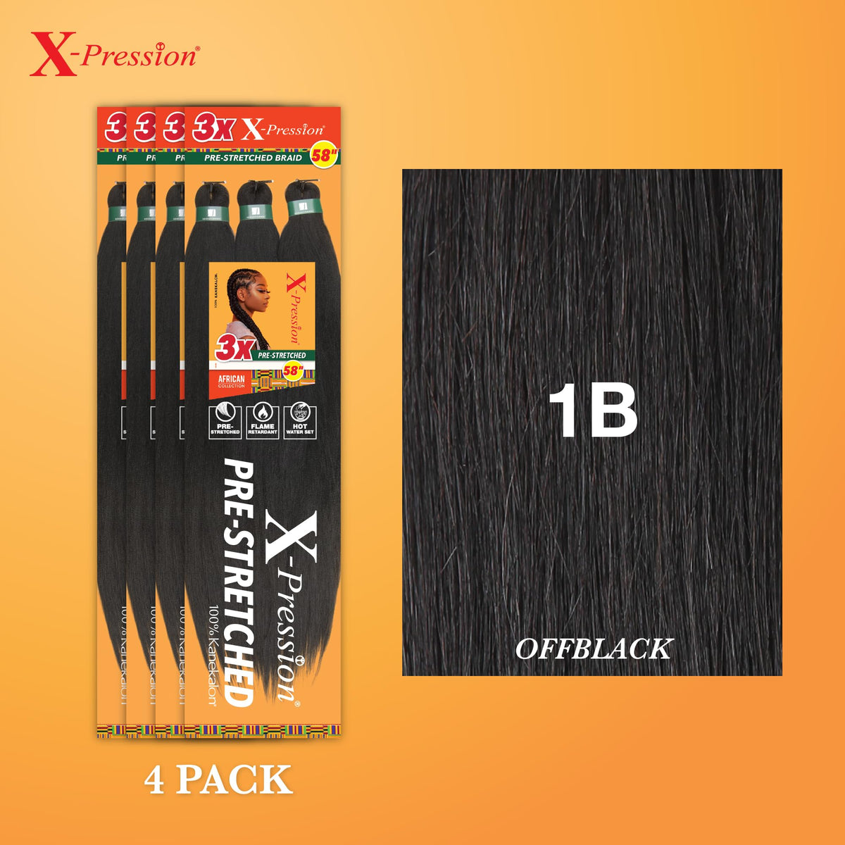 Sensationnel X-Pression Prestretched Braids-3X 58in,4pk 1B OFFBLACK