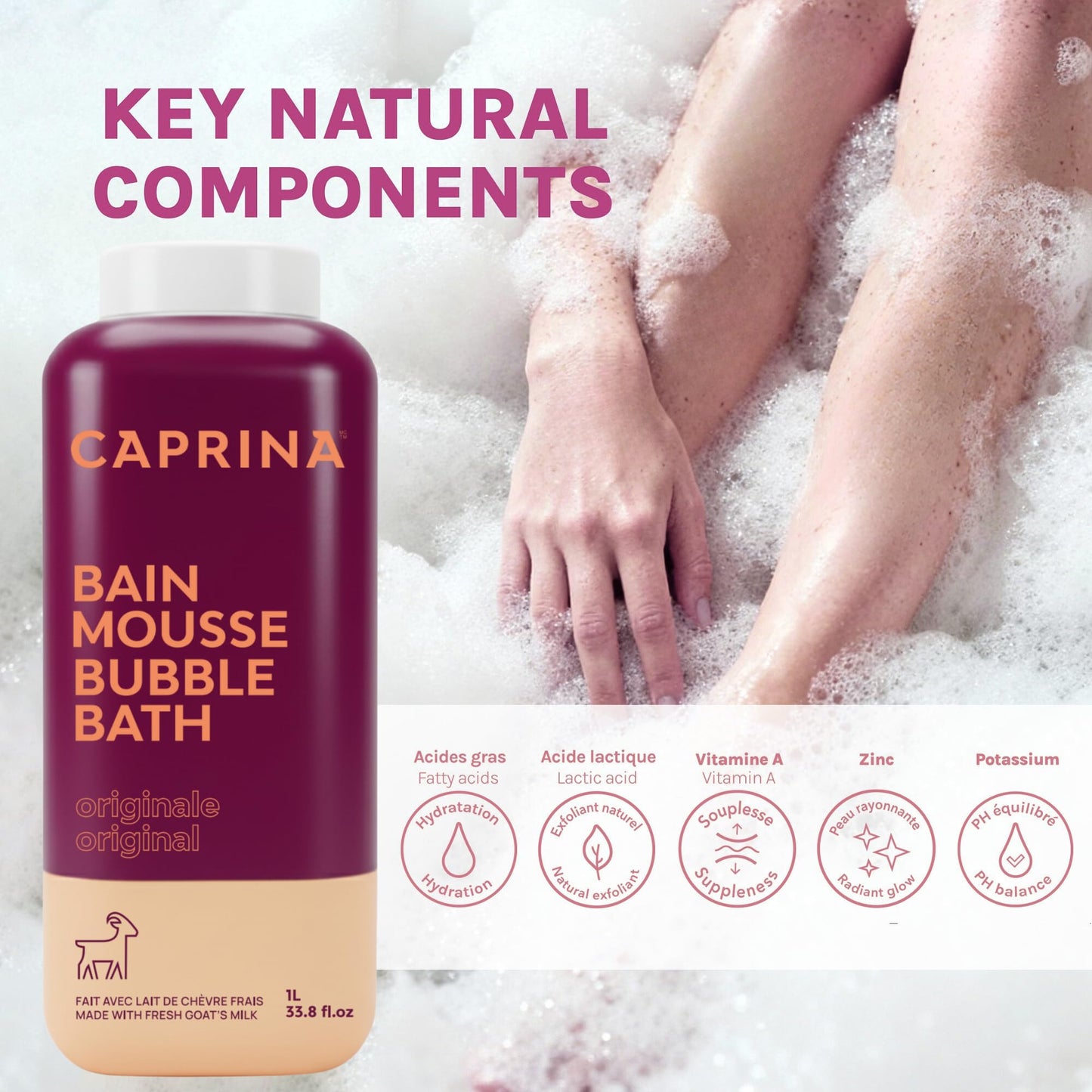 Caprina by Canus Goat Milk Bubble Bath, Original, 1 L (33.8 fl oz), Hydrating Relaxing Foam Bath, Moisturizing & Gentle on Skin, Made in Canada Beauty and Personal Care Caprina by Canus