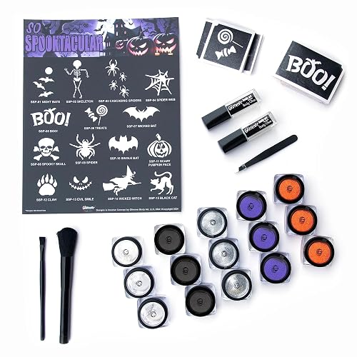 Glimmer Halloween Tricks, Treats and More Glitter Tattoo Kit! - 75 Stencils (15 Designs, 5 Each), 12 Glitters, 3 Crystal Jars, 2 Glues, 2 Brushes Beauty & Personal Care Glimmer Body Art