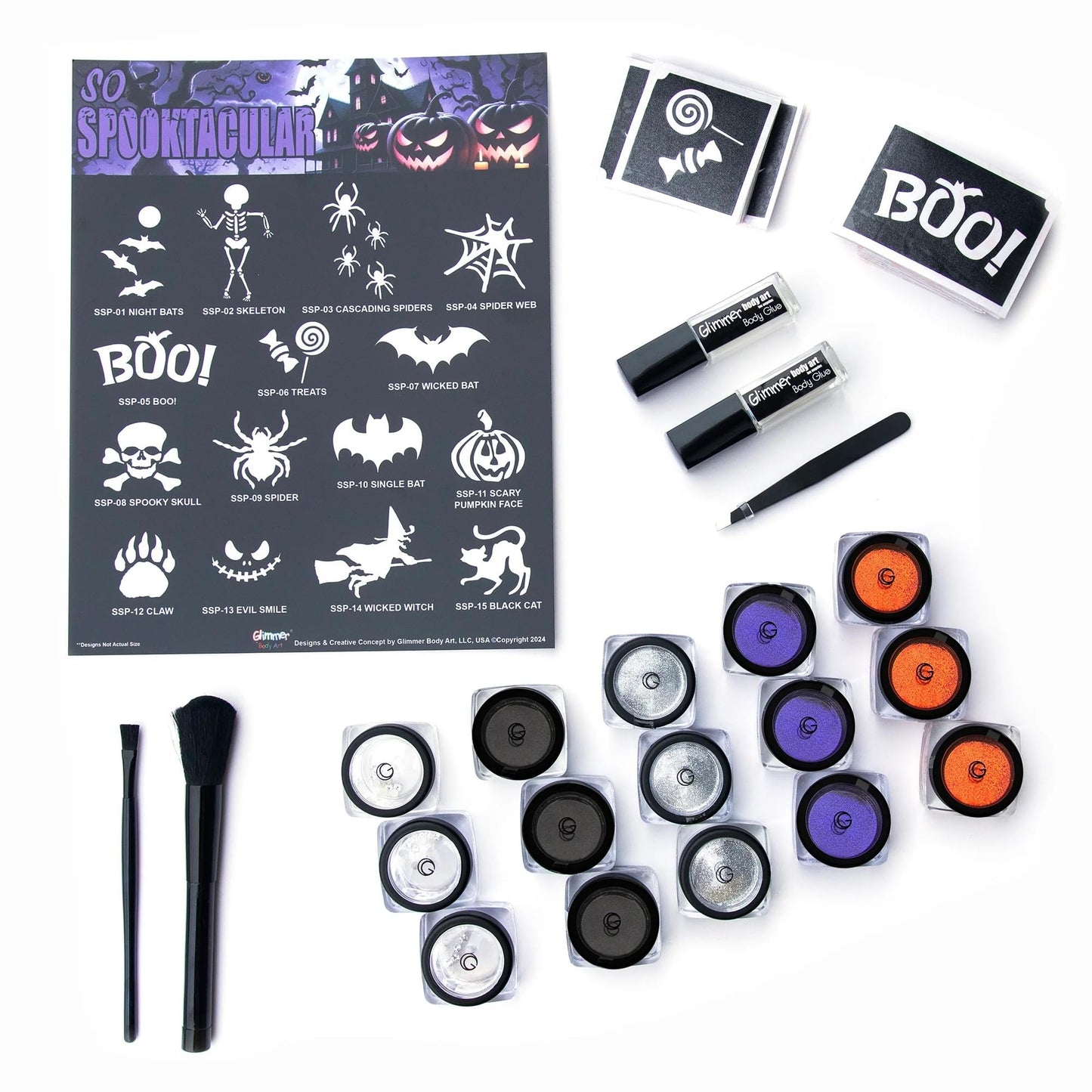 Glimmer Halloween Tricks, Treats and More Glitter Tattoo Kit! - 75 Stencils (15 Designs, 5 Each), 12 Glitters, 3 Crystal Jars, 2 Glues, 2 Brushes Beauty & Personal Care Glimmer Body Art