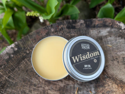 Bottled Virtue Beard Balm, Wisdom Bright and Woodsy Dry Oil, Conditioning & Taming, Essential Oil Scent, 1.55 oz, Solid Form Beauty and Personal Care Bottled Virtue