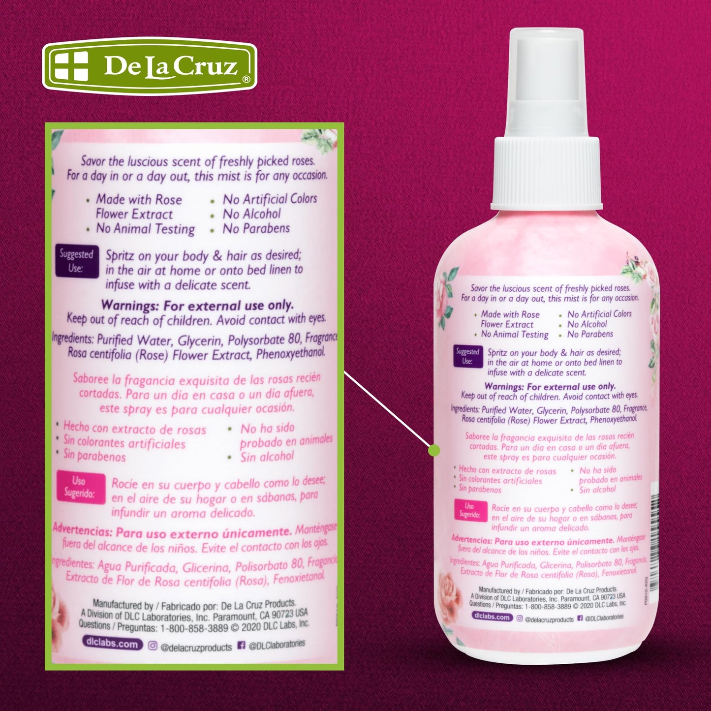 De La Cruz Pure Rose Water Body Mist,Rosewater Spray for Face, Skin & Hair, Rose Toner & Rose Water for Hair Alcohol Free, Paraben Free 8 fl oz (3 Beauty & Personal Care De La Cruz