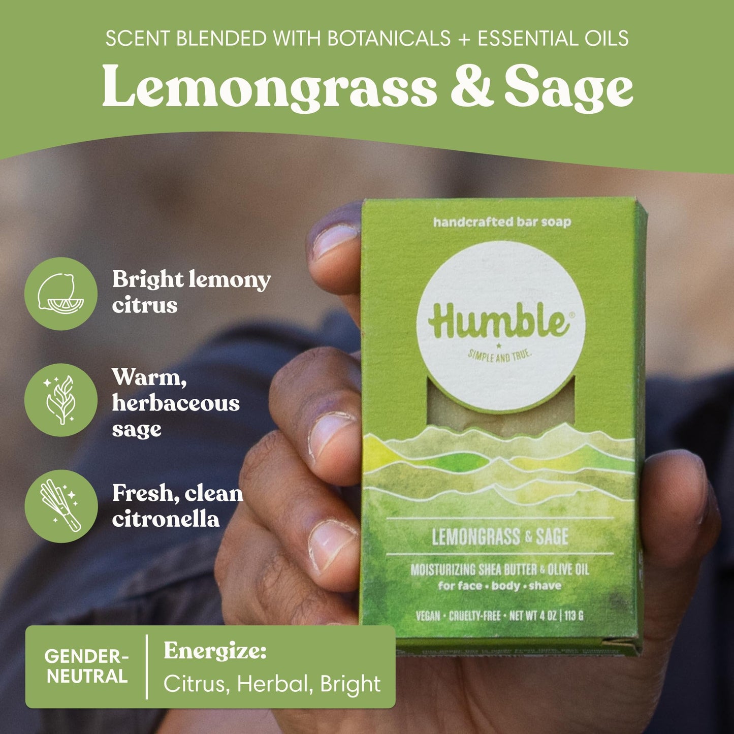 Humble Natural Bar Soap, Lemongrass & Sage - Cold Processed Face & Body Soap Bar with Essential Oils - Moisturizing Formula for Long-Lasting Beauty & Personal Care HUMBLE SIMPLE AND TRUE.