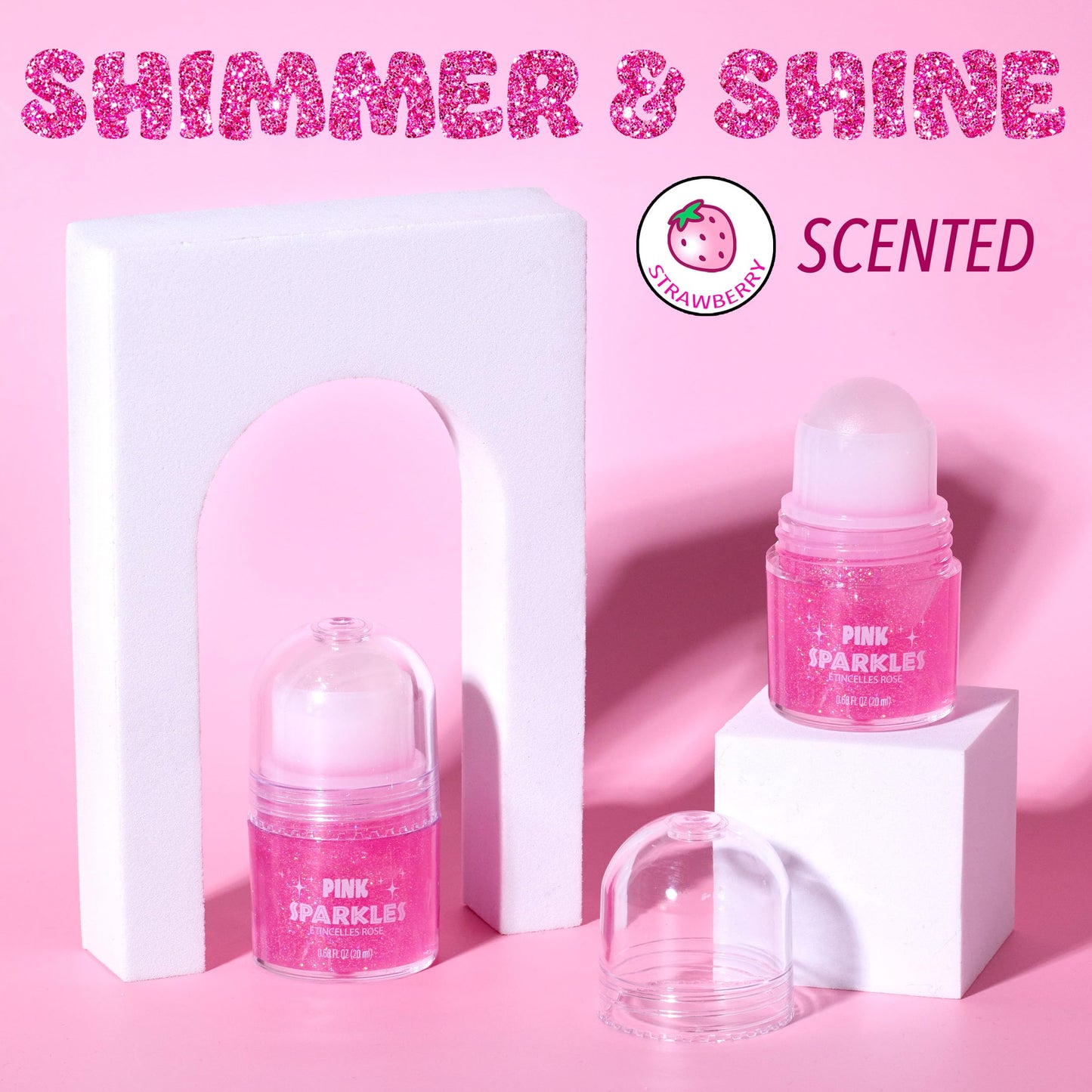 2pc Pink Sparkles Roll-On Glitter Set - Strawberry Scented Rollerball Body & Face Glitter Stick | Shimmer & Shine Makeup for Girls & Kids | Fun Beauty & Personal Care EXPRESSIONS