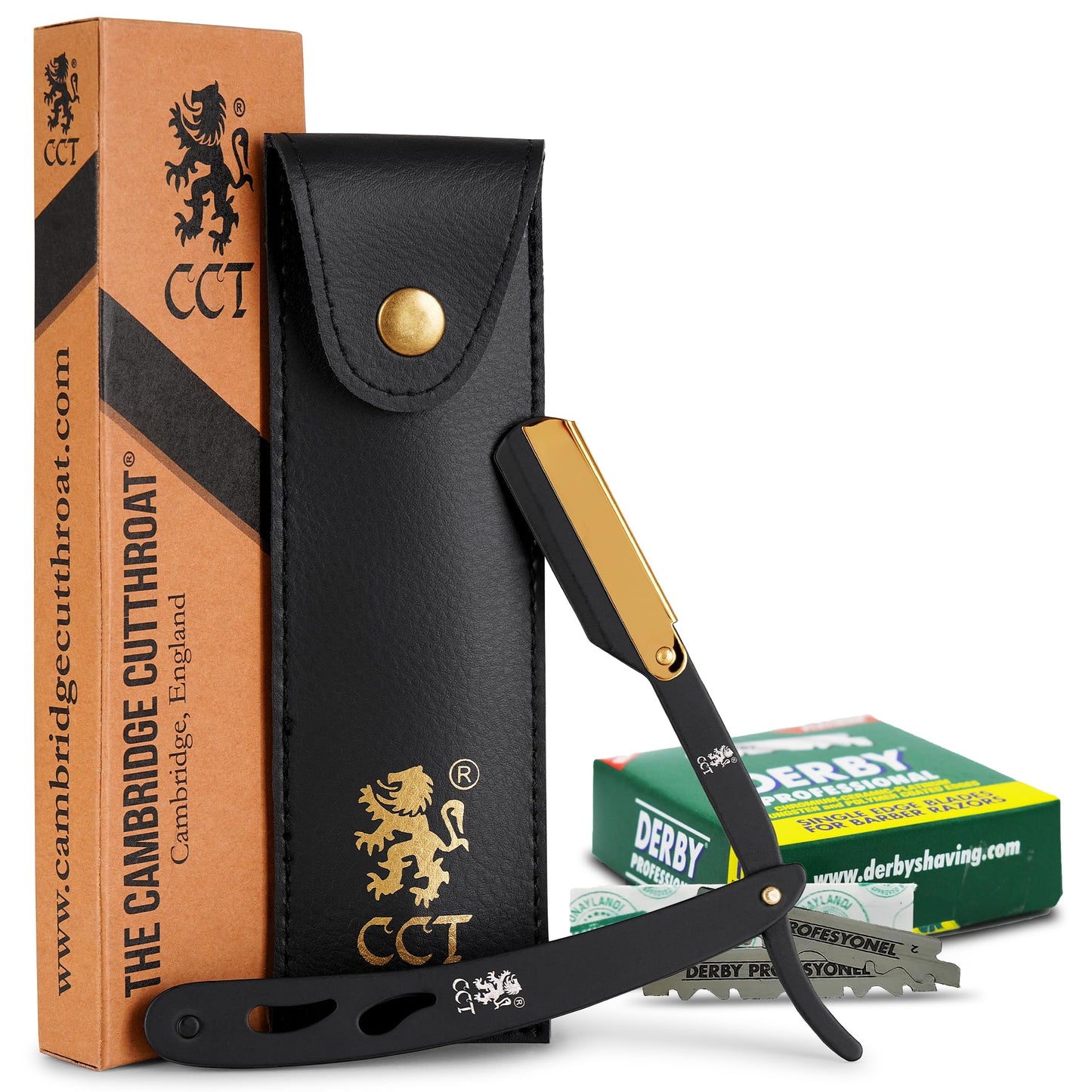 Cambridge Cutthroat Open Blade Razor for Men - Black & Gold Stainless Steel Handle, Swing-Lock Single Edge Cut Throat Razor with Leather Travel Pouch Beauty and Personal Care The Cambridge Cutthroat