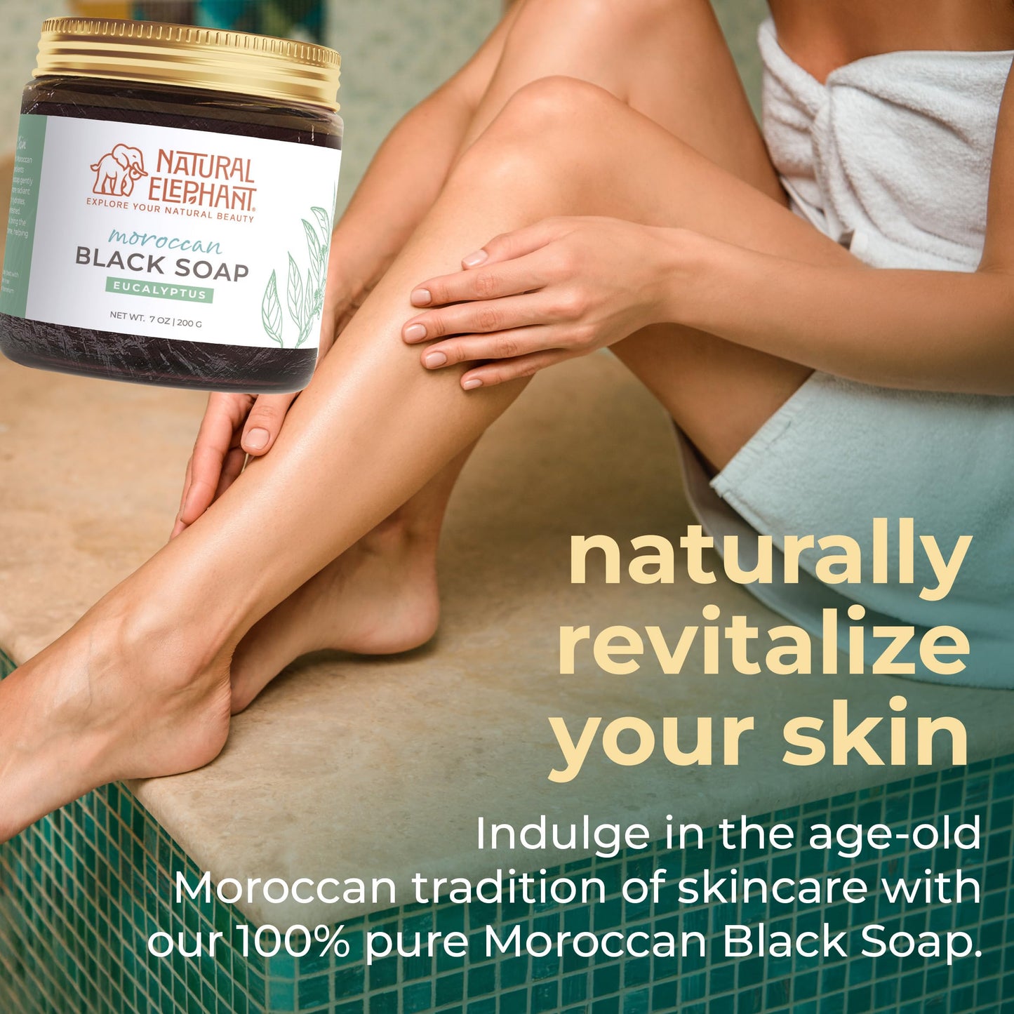 Natural Elephant Moroccan Black Soap | Travel Size 2oz | Eucalyptus Essential Oil | Traditional Hammam Beldi Soap, 100% Natural Ingredients, Ideal Beauty & Personal Care Natural Elephant