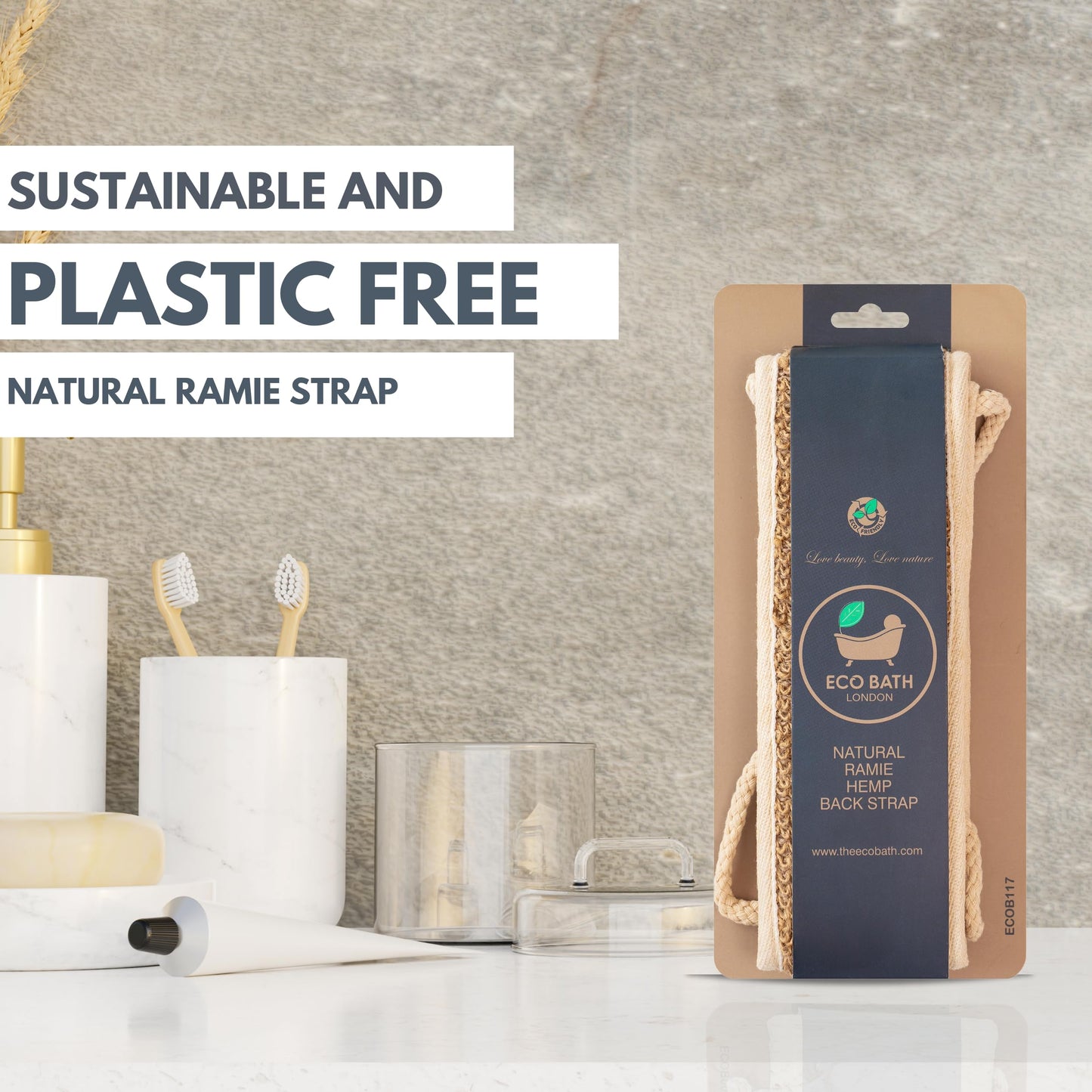 Eco Bath London Natural Ramie Back Strap - Exfoliating Back Scrubber with Handles, Premium Shower Bath Sponge Body Scrubber for Smooth Skin Beauty and Personal Care Eco Bath London