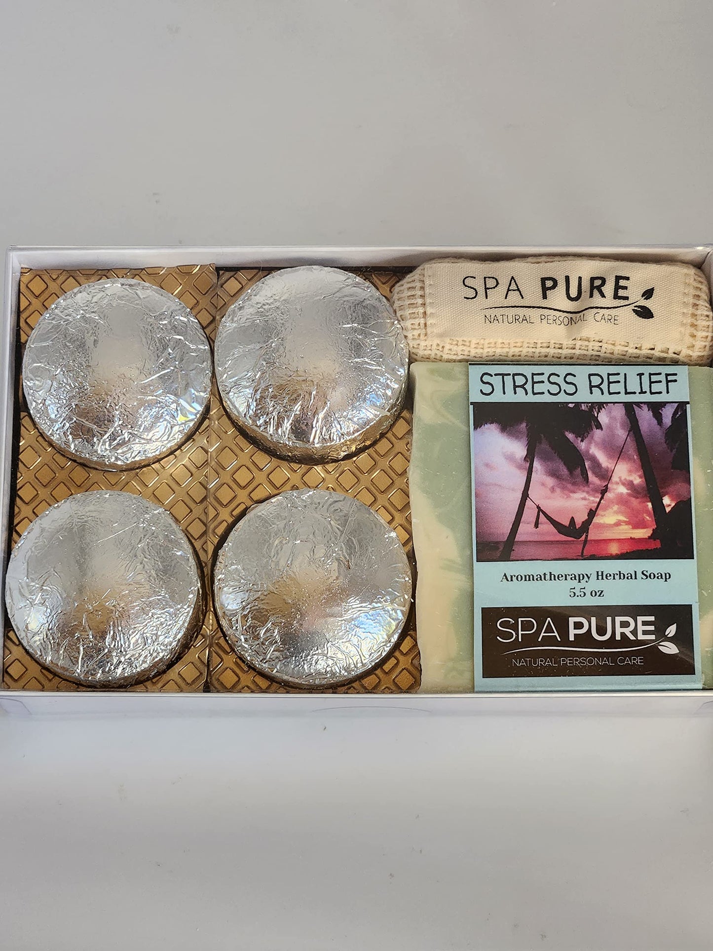 Spa Pure Aromatherapy Gift Set - Stress Relief Artisan Soap & 4 Shower Steamers - Made with Plant Based Ingredients - Cotton Shower Bag & Soap Bag Beauty and Personal Care Spa Pure