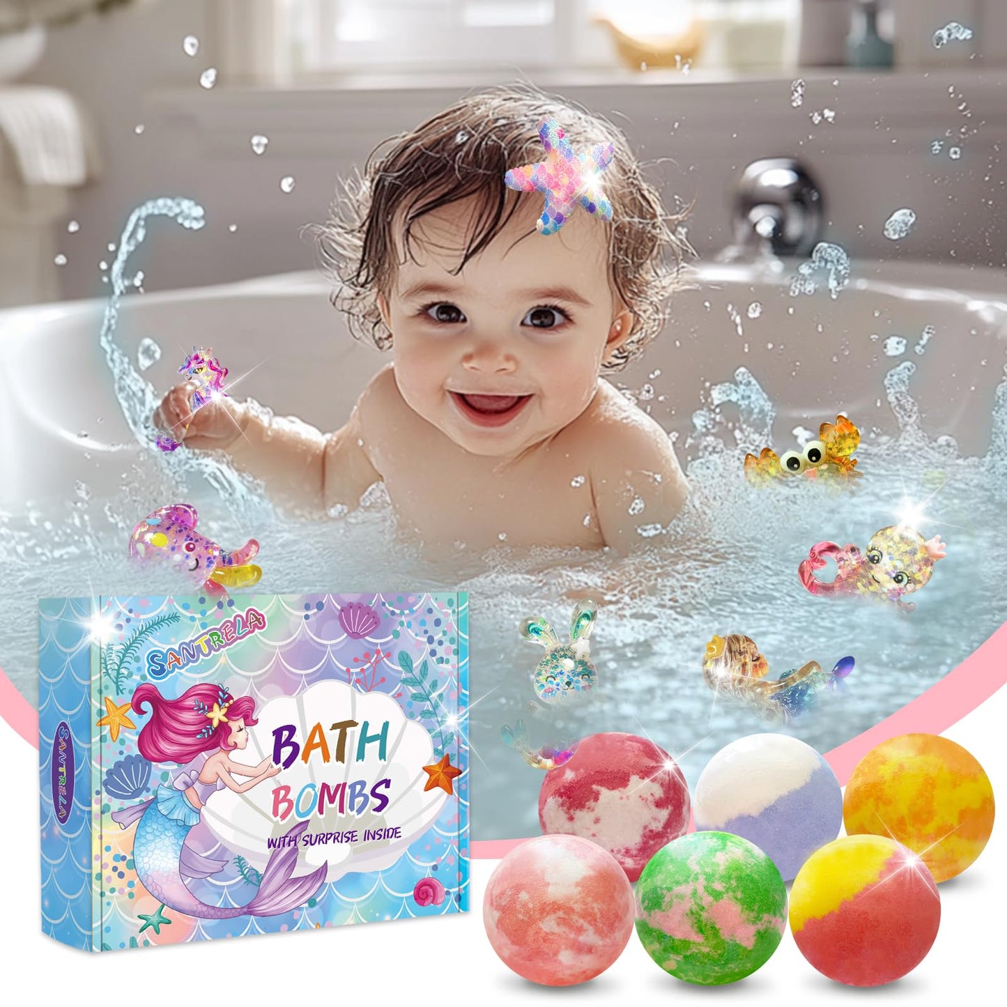 Bath Bombs for Kids with Surprise Inside, 12pcs Kids Bath Bombs with Mermaid Toys Gift Set for Girls, Shea & Coco Butter Dry Skin Moisturize, Birthday Beauty and Personal Care Santrela