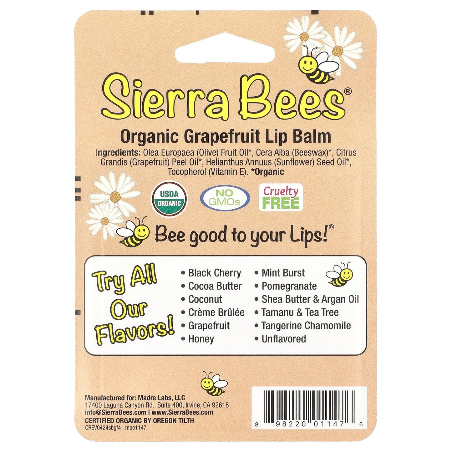 Sierra Bees Organic Lip Balms, Grapefruit, 4 Pack, 0.15 oz (4.25 g) Each Beauty and Personal Care Sierra Bees