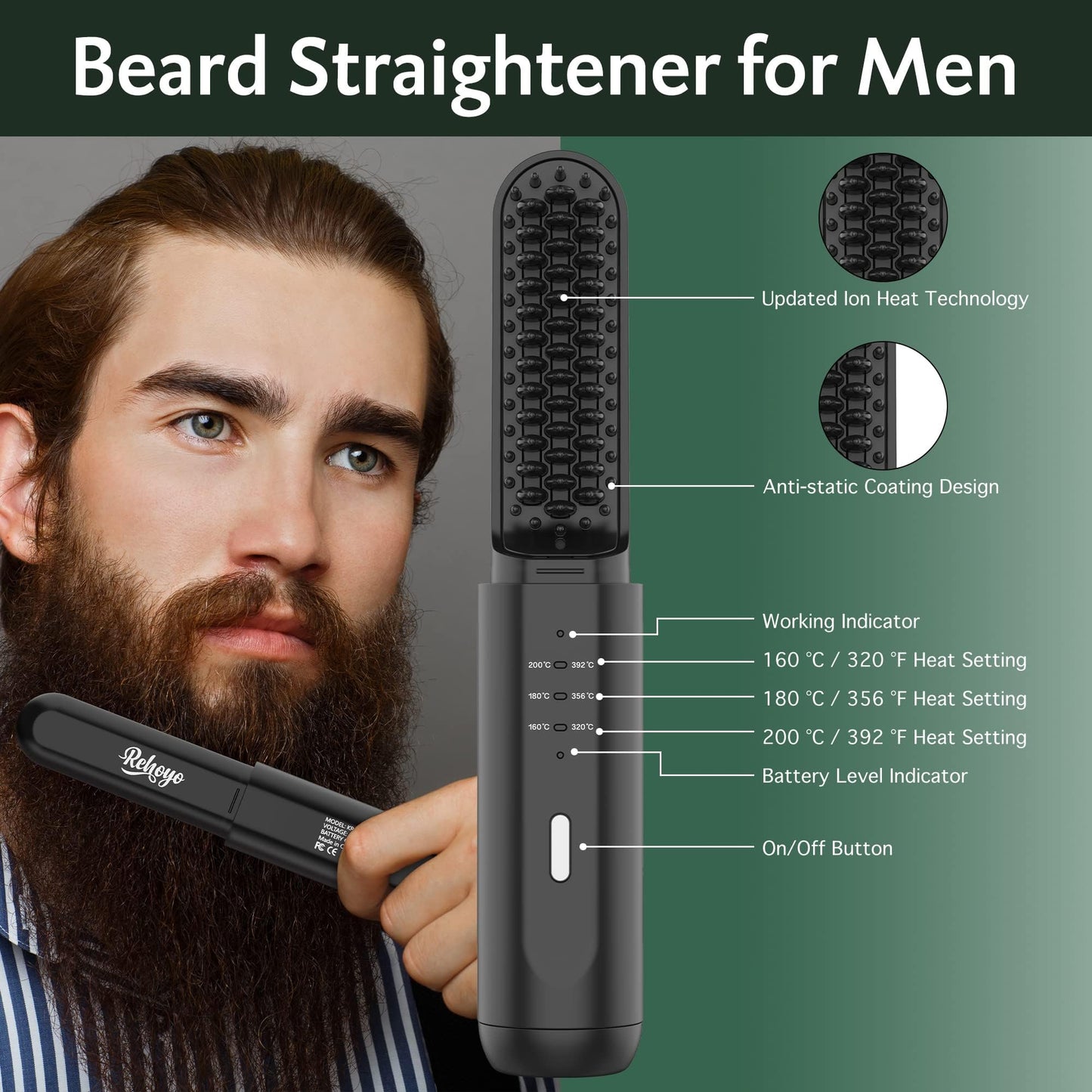 Beard Straightener for Men, Portable Cordless Heated Hair & Beard Straightening Brush with Anti-Scald & Ionic Technology, 3 Temperature Setting Comb Beauty & Personal Care REHOYO