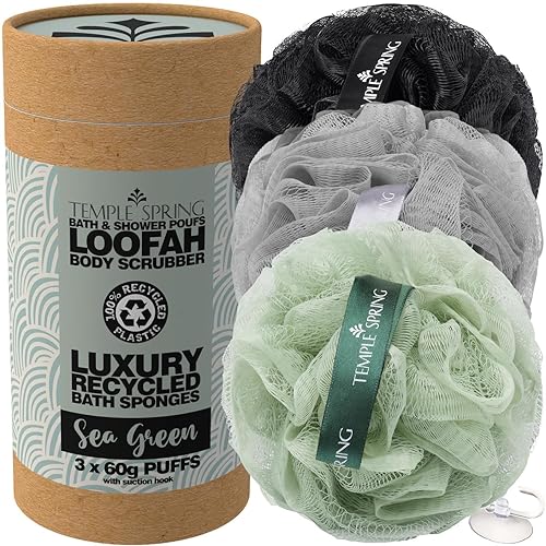 Temple Spring Recycled Luffa Sponges, Bathroom Shower Accessories, Loofa Bath Sponge, Exfoliating Body Scrubber Exfoliator Pouf, Shower Scrubber Puff Beauty & Personal Care Temple Spring