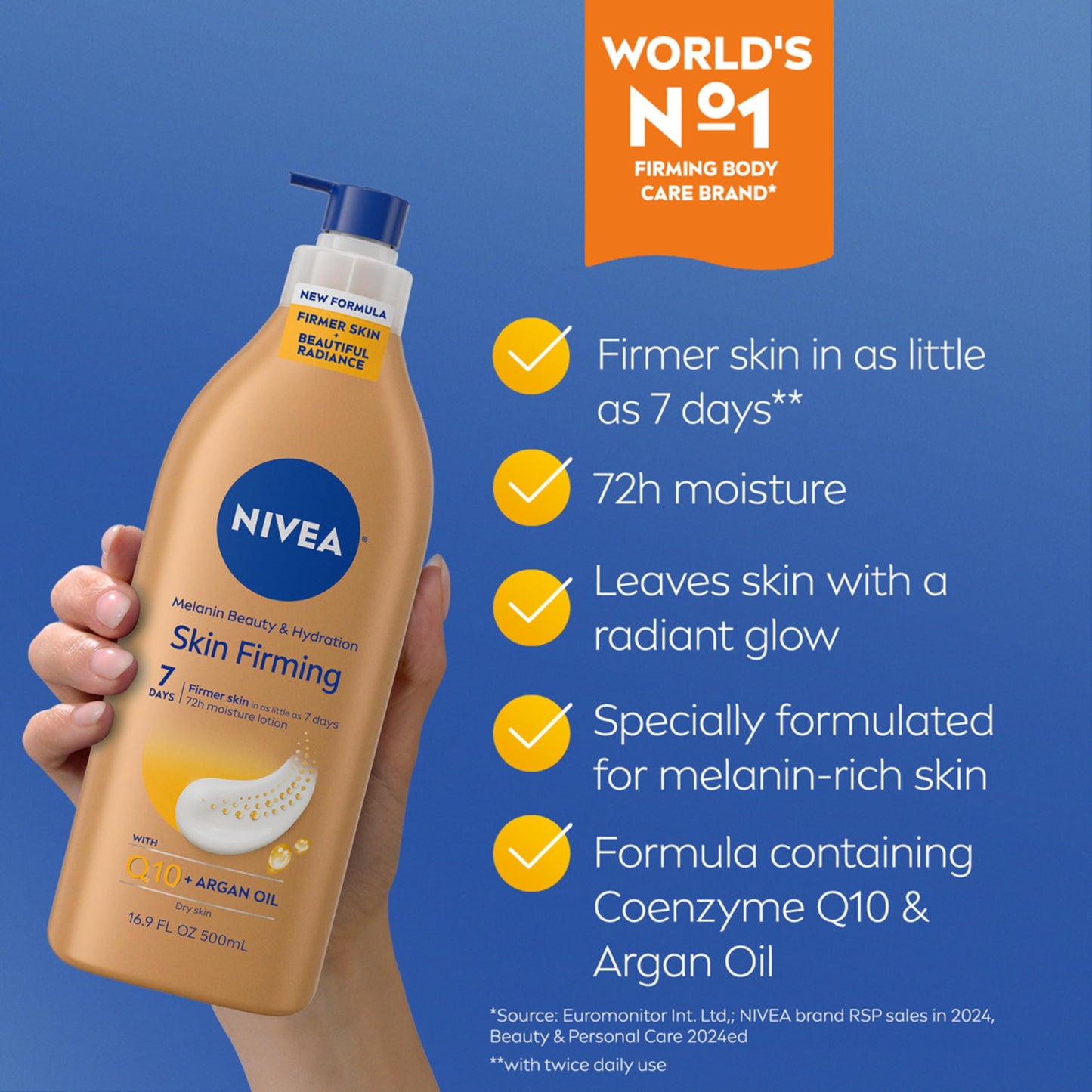 NIVEA Skin Firming Melanin Beauty & Hydration Body Lotion with Q10 and Argan Oil, Firmer Skin in as Little As Seven Days, 16.9 Fl Oz Pump Bottle Beauty & Personal Care NIVEA