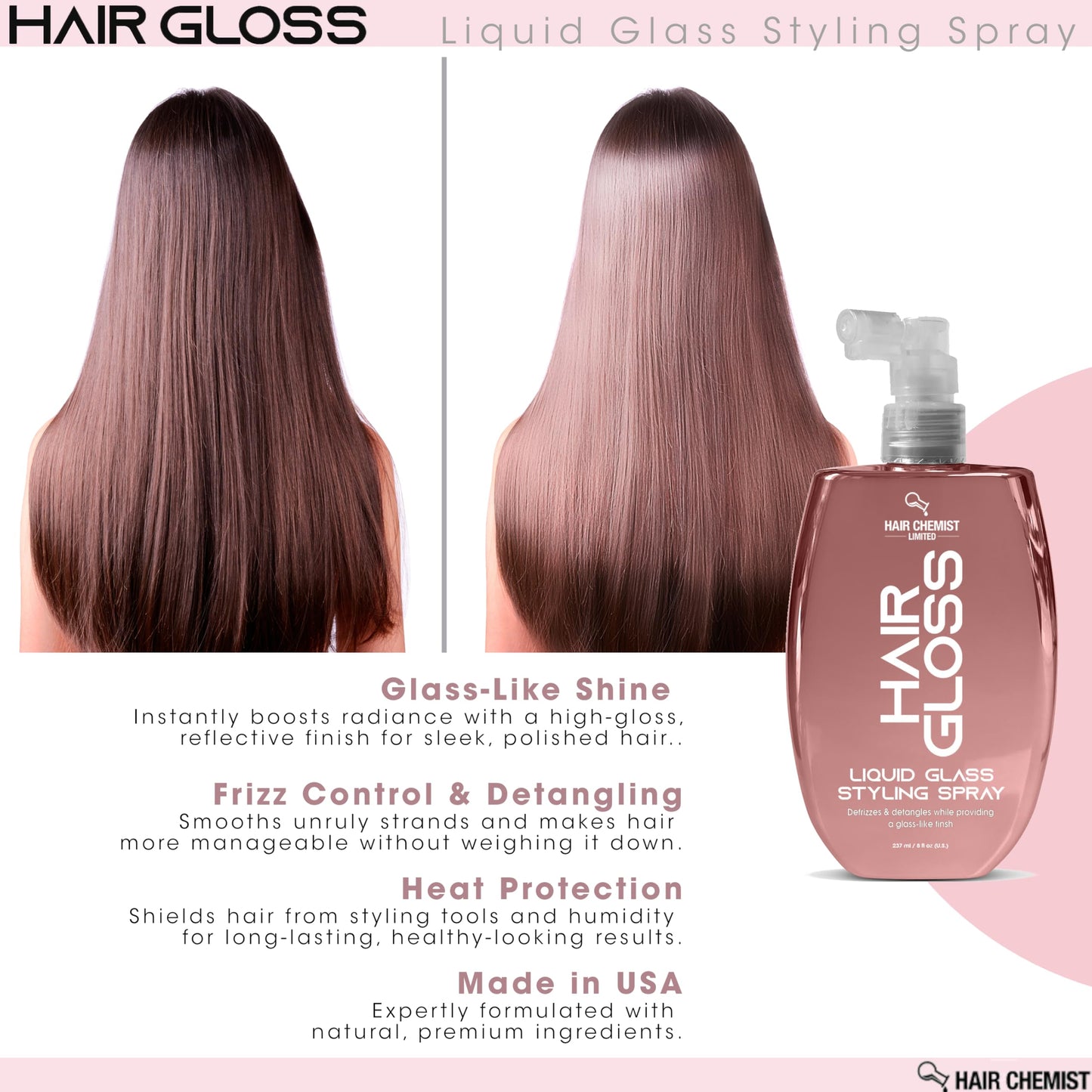 Hair Chemist Hair Gloss Liquid Glass Styling Spray 8 oz. - Detangling Anti Frizz Hair Products, Hair Gloss Spray, Shine Mist for Hair Beauty & Personal Care Hair Chemist