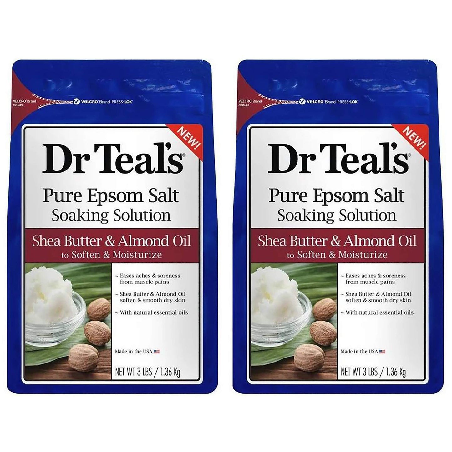 Dr. Teal's Epsom Salt Shea Butter Almond Oil Bath Soaking Solution with Essential Oils - Pack of 2, 3 lb Resealable Bags - Soften and Moisturize Your Beauty and Personal Care Dr Teal's
