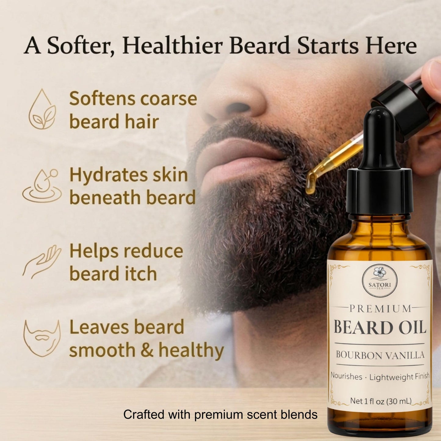 Satori Sea Beard Oil Variety Pack for Men - 3 Pack (Bourbon Vanilla, Mahogany Tonka Bean, Bergamot Sage) - Premium Beard Oil for Men - Moisturizing Beauty and Personal Care Satori Sea