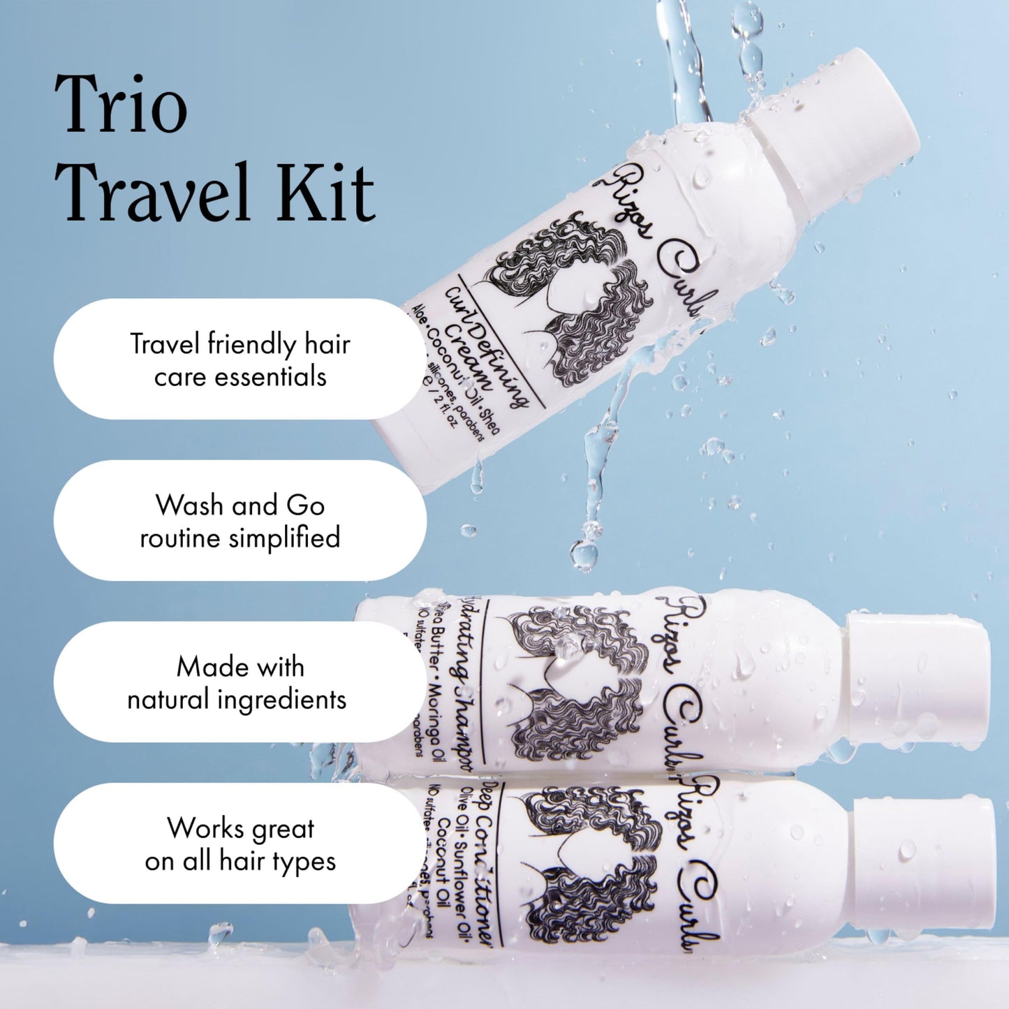 Rizos Curls Trio Travel Curl Kit, Includes Travel Hydrating Shampoo, Travel Deep Conditioner, Travel Curl Cream, Gently Cleanse, Hydrate and Style Beauty & Personal Care Rizos Curls
