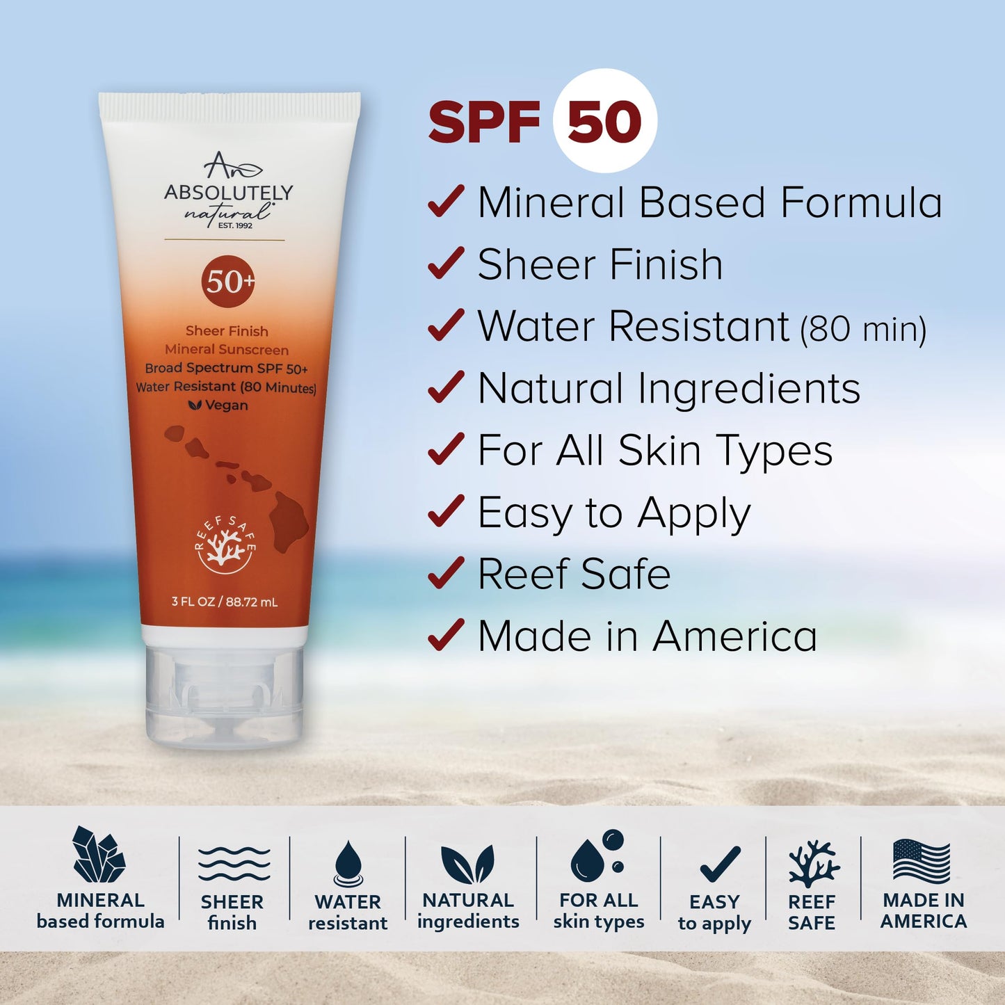 Absolutely Natural SPF 50+ Mineral Sunscreen Lotion - Anti-Aging Sunblock for Body & Face, Made with Rose Hips, Aloe, Zinc Oxide and Other Cruelty Beauty & Personal Care Absolutely Natural