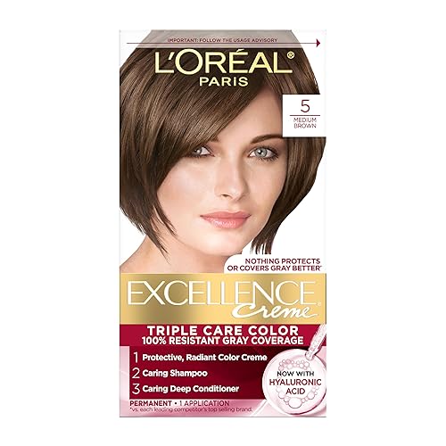 L'Oreal Paris Excellence Crème Permanent Hair Dye, Triple Care Hair Color with Hyaluronic Acid for 100% Gray Coverage, 5 Medium Brown, 1 Kit Beauty & Personal Care L'Oreal Paris