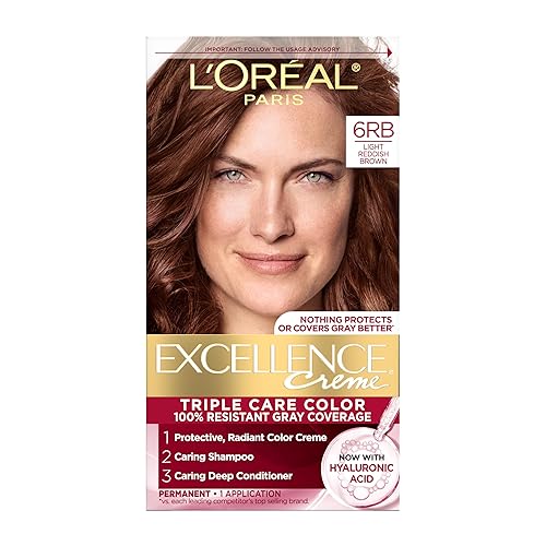 L'Oreal Paris Excellence Crème Permanent Hair Dye, Triple Care Hair Color with Hyaluronic Acid for 100% Gray Coverage, 6RB Light Reddish Brown, 1 Kit Beauty & Personal Care L'Oreal Paris