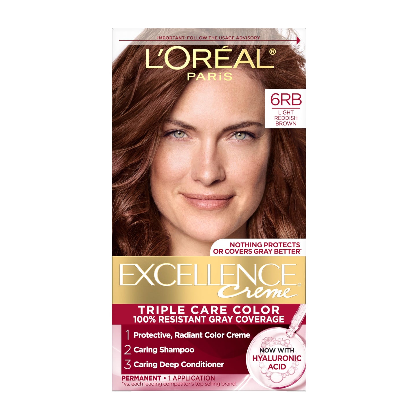 L'Oreal Paris Excellence Crème Permanent Hair Dye, Triple Care Hair Color with Hyaluronic Acid for 100% Gray Coverage, 6RB Light Reddish Brown, 1 Kit Beauty & Personal Care L'Oreal Paris