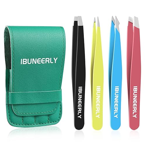 iBuneerly Eyebrows Tweezers Set, 4Pcs Stainless Steel Tweezers for Women with Travel Case, Great Precision for Ingrown Hair, Facial Hair and Splinter Beauty & Personal Care iBuneerly