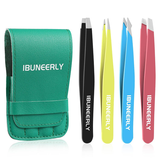 iBuneerly Eyebrows Tweezers Set, 4Pcs Stainless Steel Tweezers for Women with Travel Case, Great Precision for Ingrown Hair, Facial Hair and Splinter Beauty & Personal Care iBuneerly