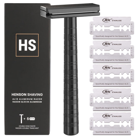 Henson Shaving Razor - Jet Black Double Edge Safety Razor with 5 Spare Blades - 30° Angled Precision With Superior Blade Rigidity- Reusable Single Beauty and Personal Care Henson Shaving