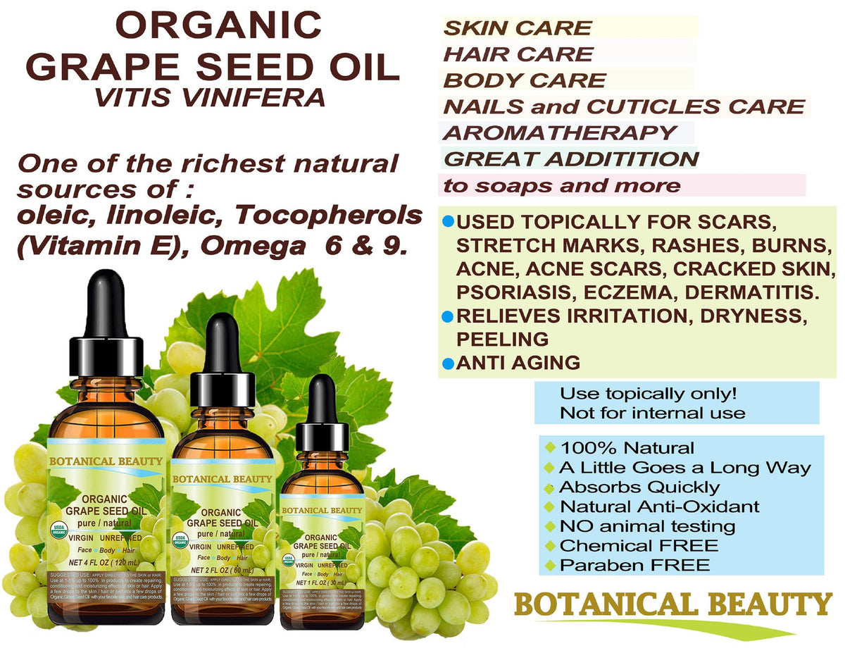 Botanical Beauty Organic GRAPE SEED OIL 100% Pure Natural VIRGIN UNREFINED Cold-Pressed Carrier Oil for Face, Skin, Body, Hair, Lip, Nails, Massage Beauty & Personal Care Botanical Beauty