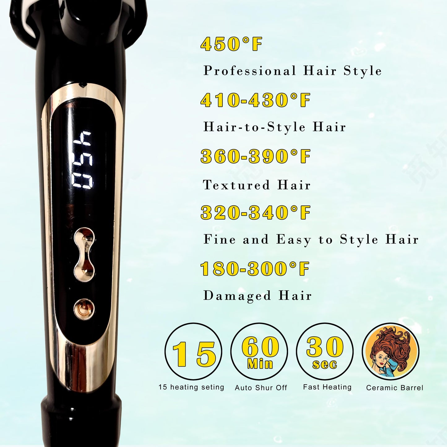 abp 1 Inch Curling Iron Extra Long Barrel with Ceramic Coating for Long/Medium Hair,LED Display Instant Heat up to 450°F with clamp,Hair Waving Style Beauty and Personal Care abp